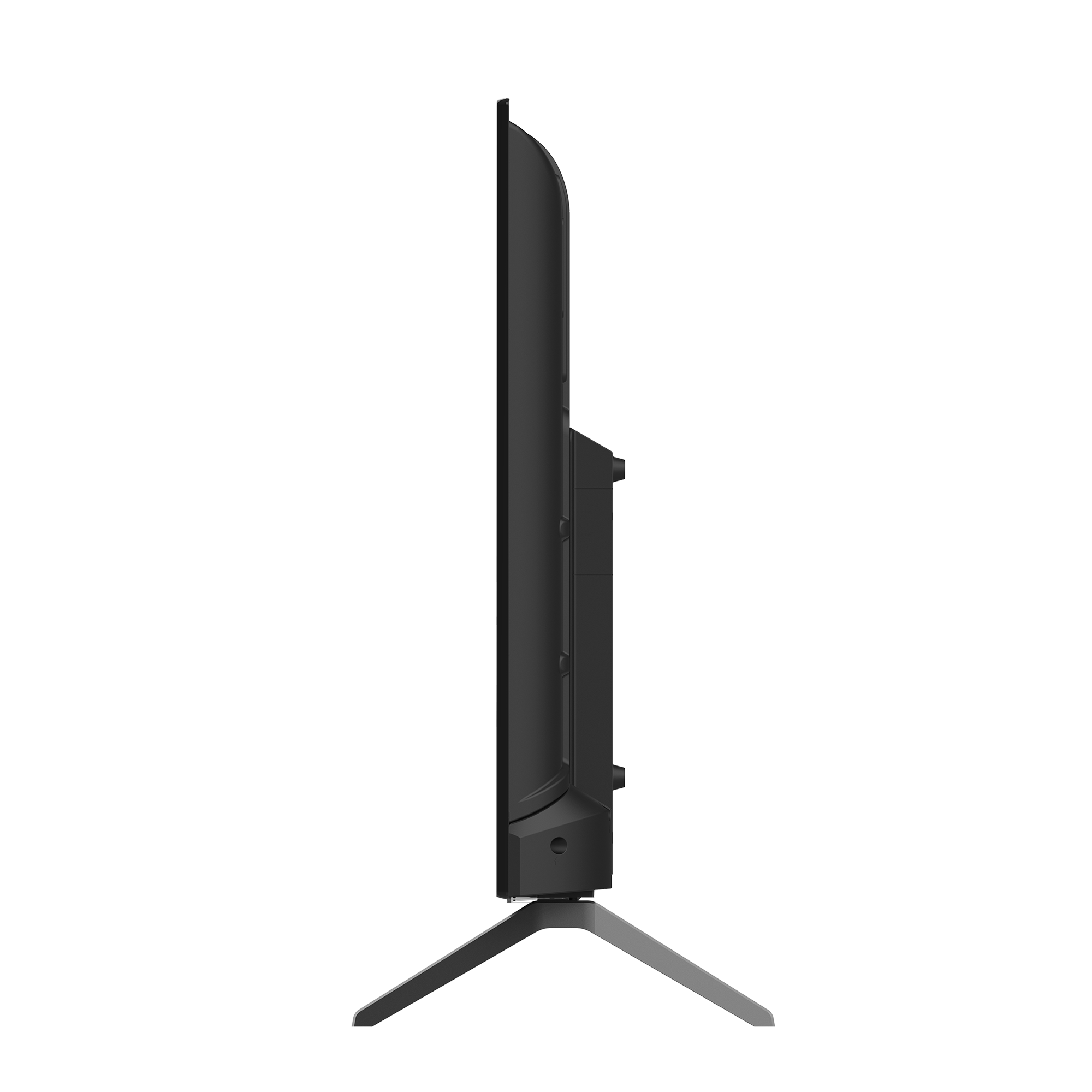 Ein schwarzer Fernseher, der auf einem Ständer steht. Der Fernseher wird von der Seite betrachtet.
