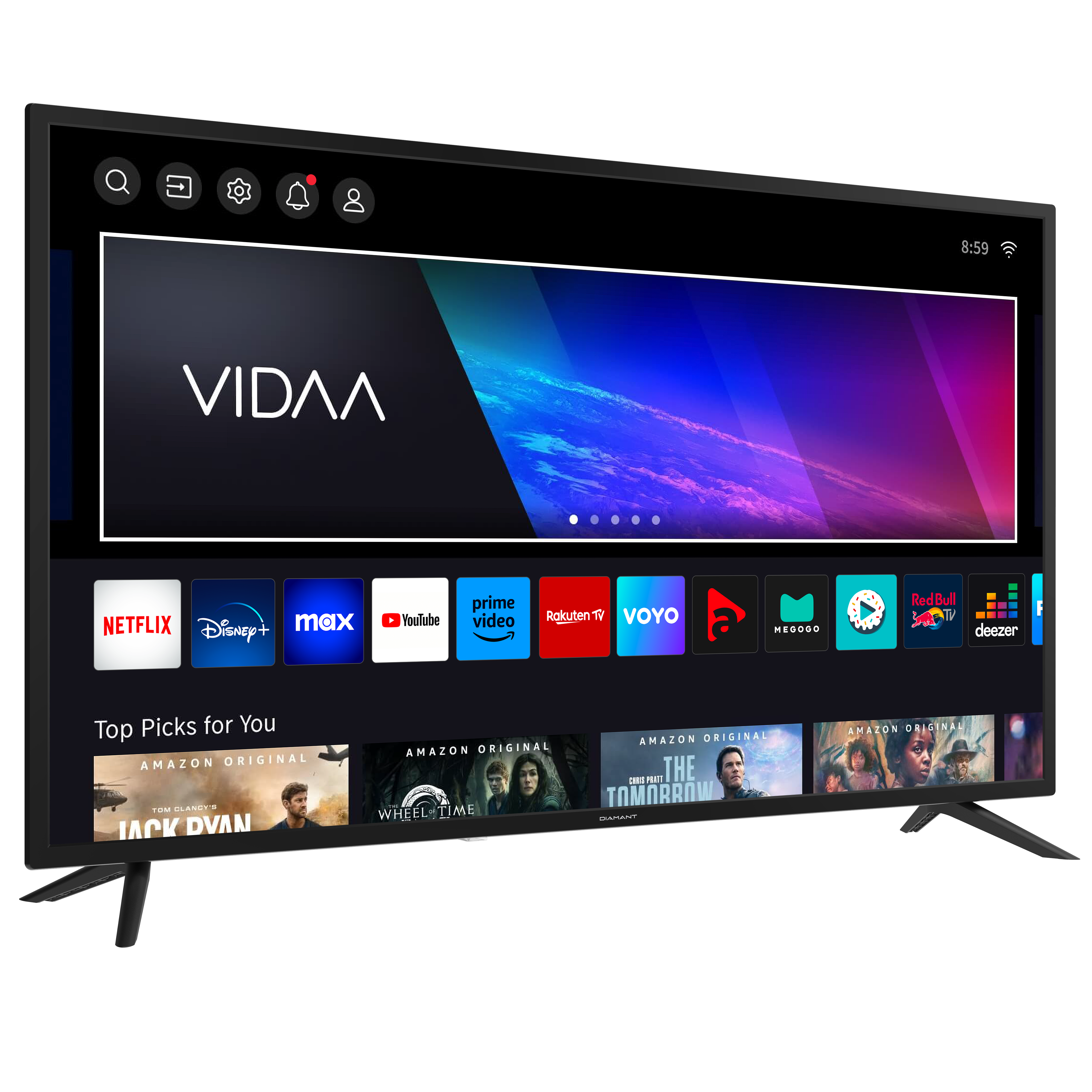 Un écran de télévision noir affiche un menu VIDAA, avec des icônes d'applications en bas.