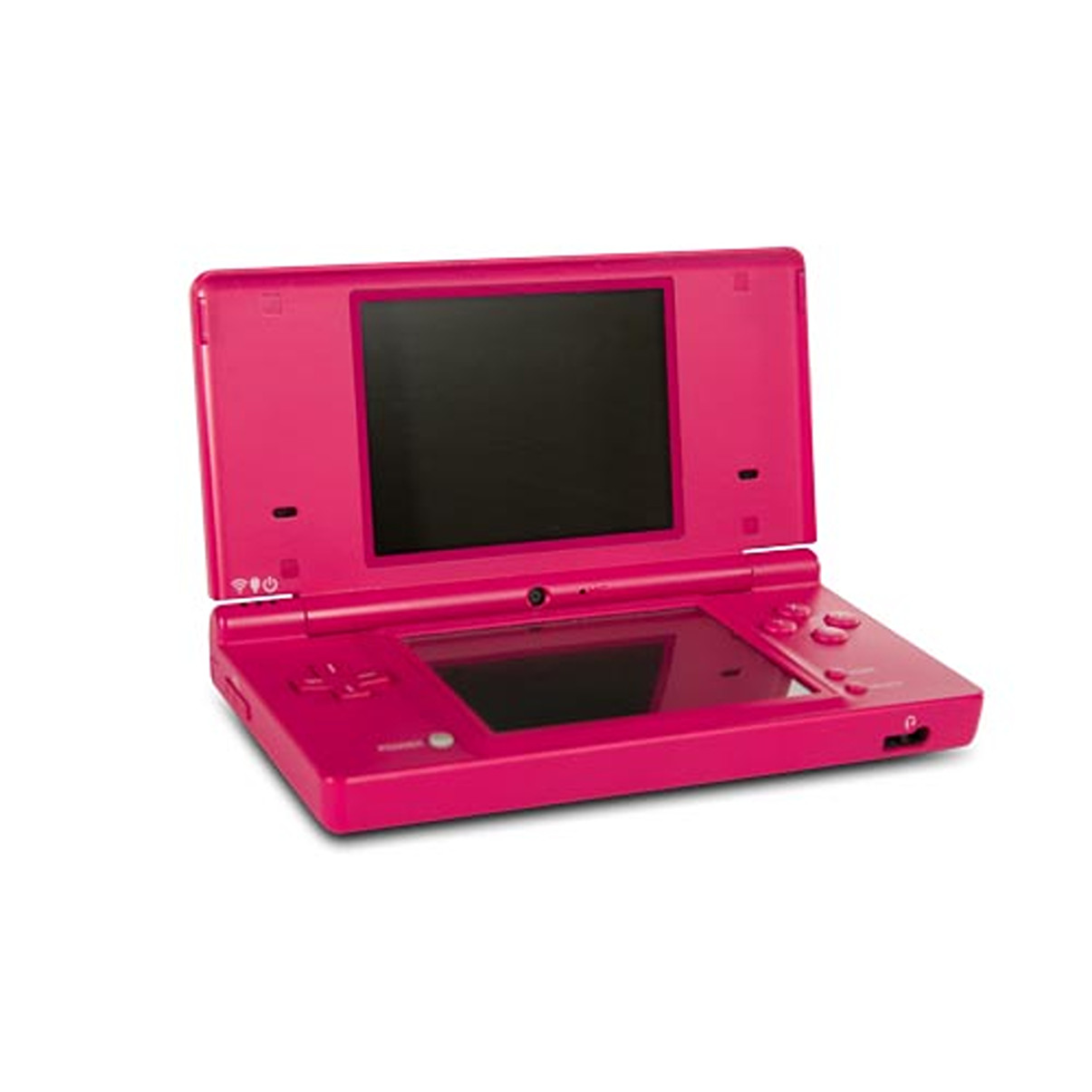 Rosa Nintendo DS Handheld-Konsole, geöffnet, um den Bildschirm zu zeigen.