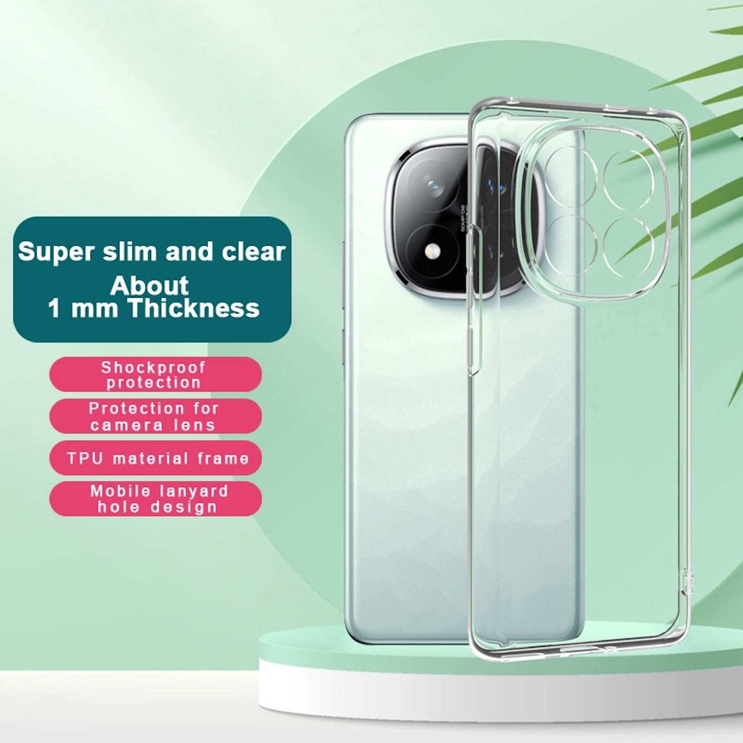 Eine transparente Handyhülle auf einem weißen Telefon, mit Text: Super schlank und klar, 1mm Dicke.