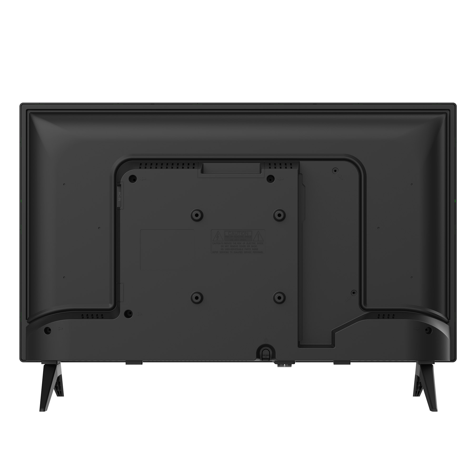 Vue arrière d'une télévision noire sur un support, montrant le panneau arrière avec ports et supports.