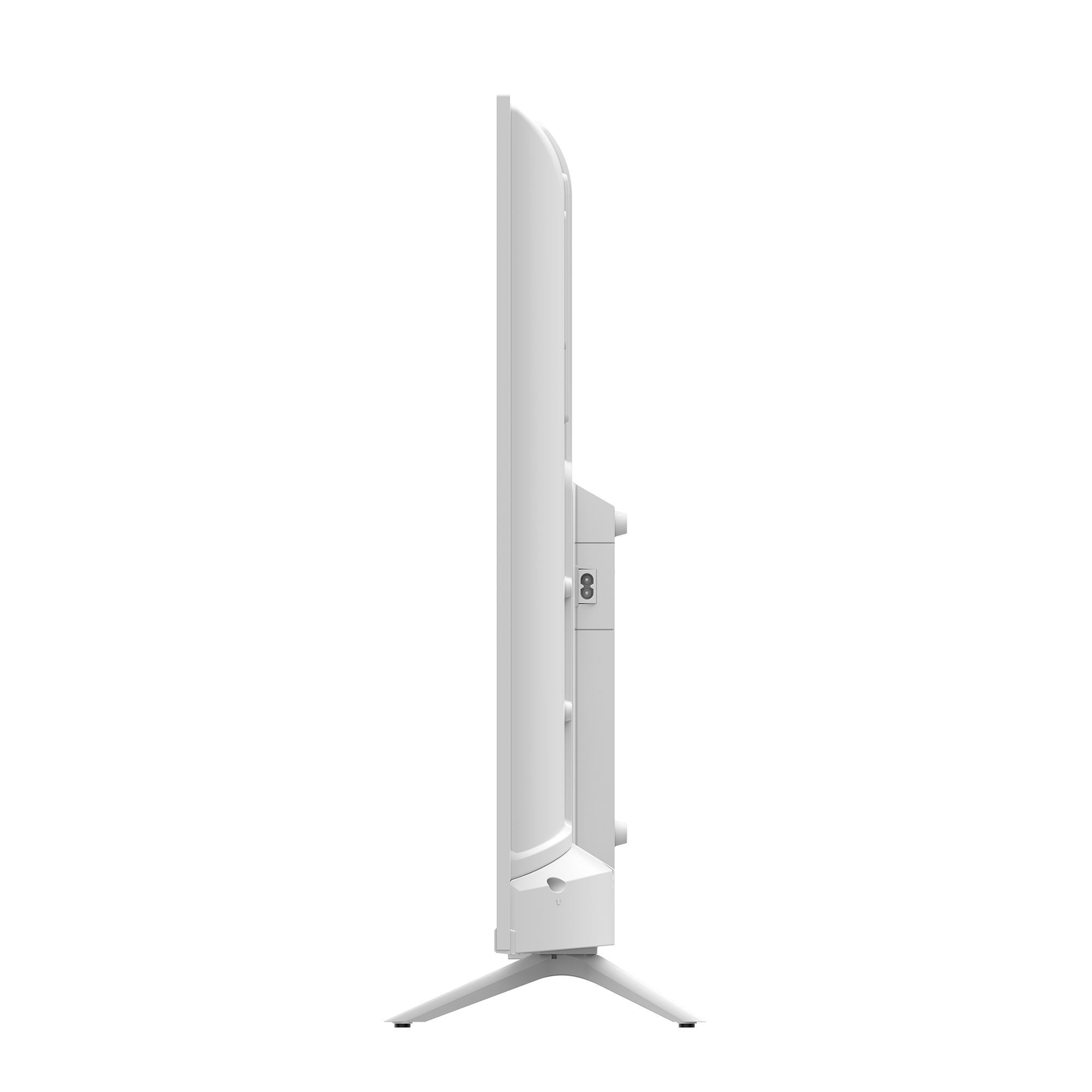 Écran et support de télévision blancs, vue latérale, sur fond noir.