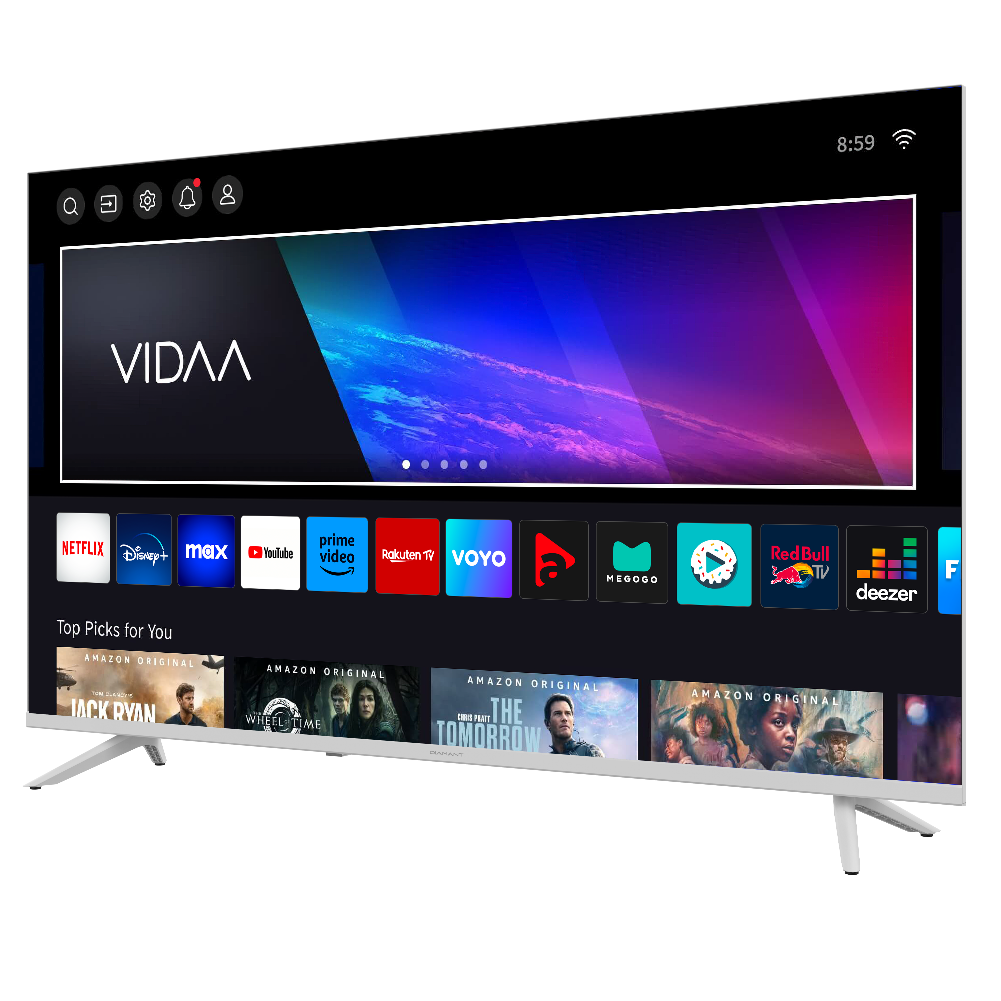 Une télévision blanche avec un écran affichant une interface avec des applications de streaming.