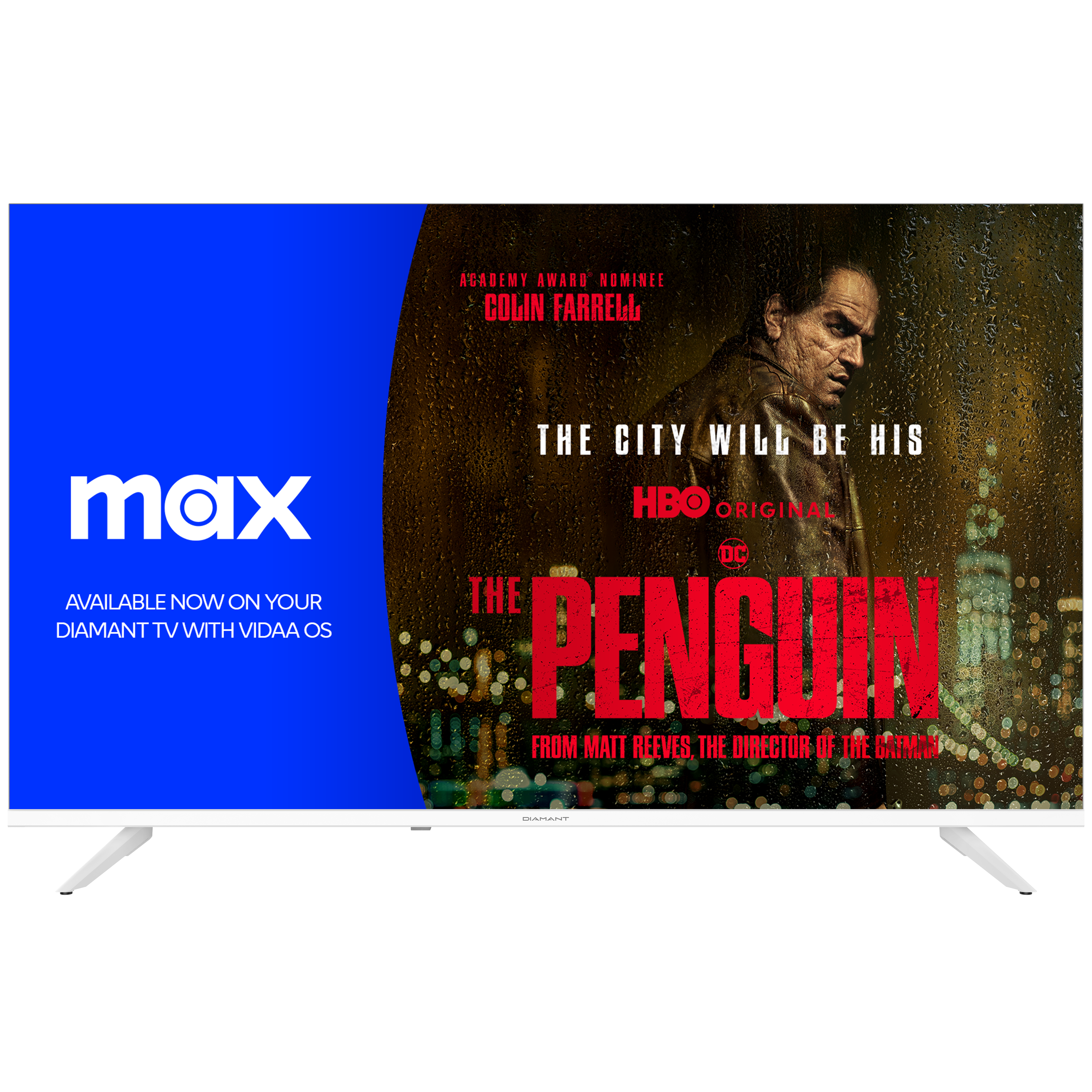 Écran de télévision affichant une affiche de 'The Penguin' avec le logo Max.