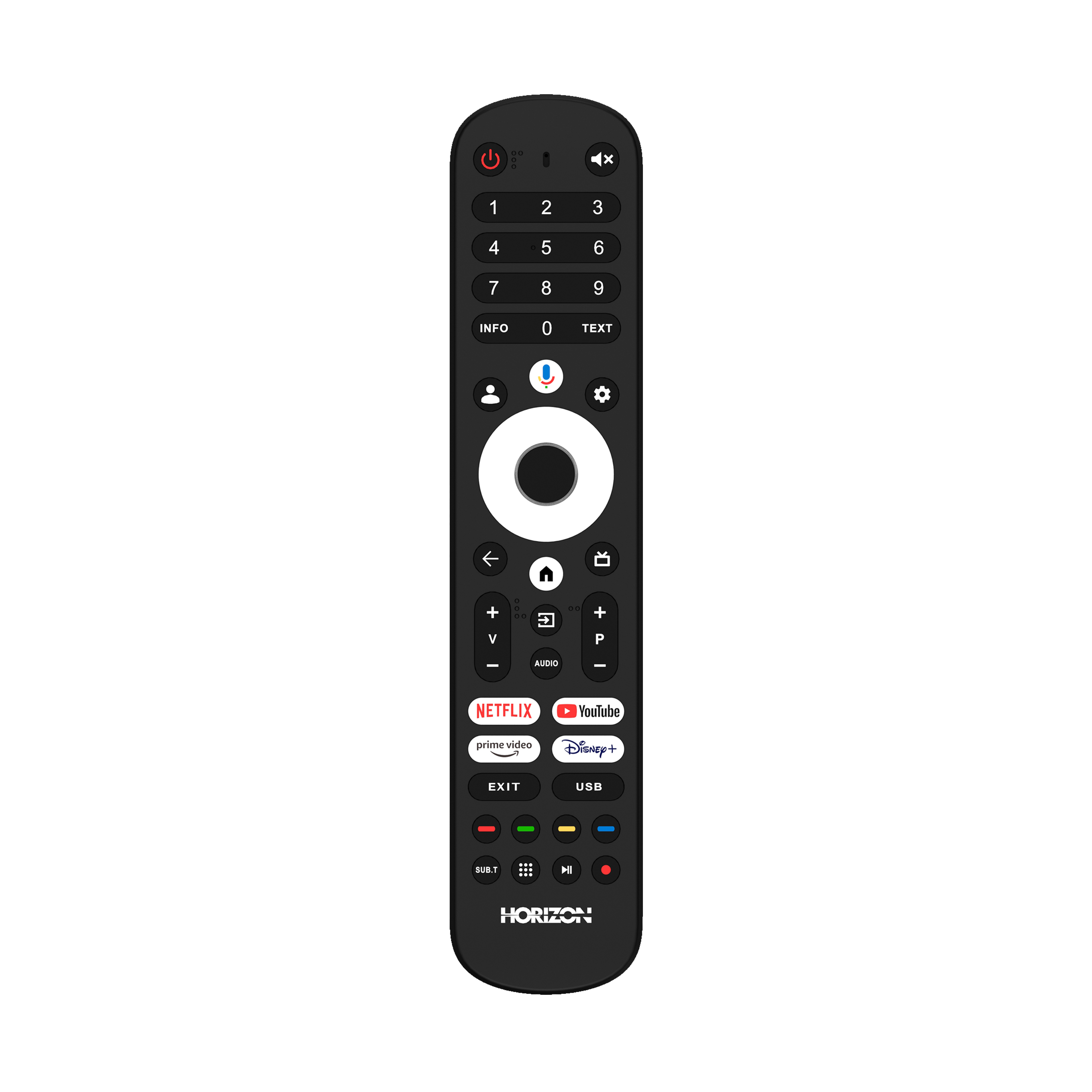 Een zwarte afstandsbediening met knoppen voor stroom, nummers, info en streamingdiensten zoals Netflix en YouTube.