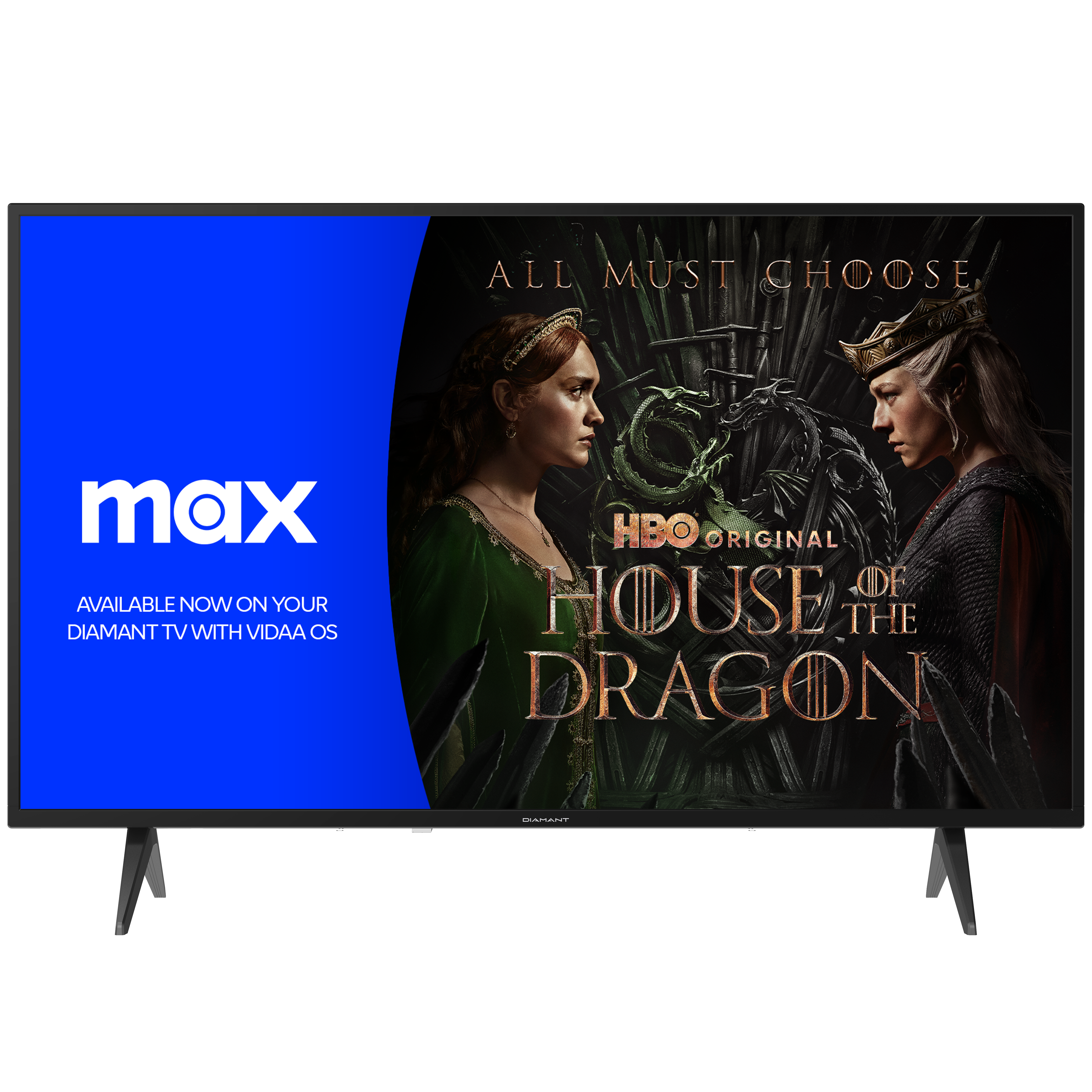 Ein Fernseher zeigt eine Szene aus House of the Dragon, mit dem Max-Logo links.