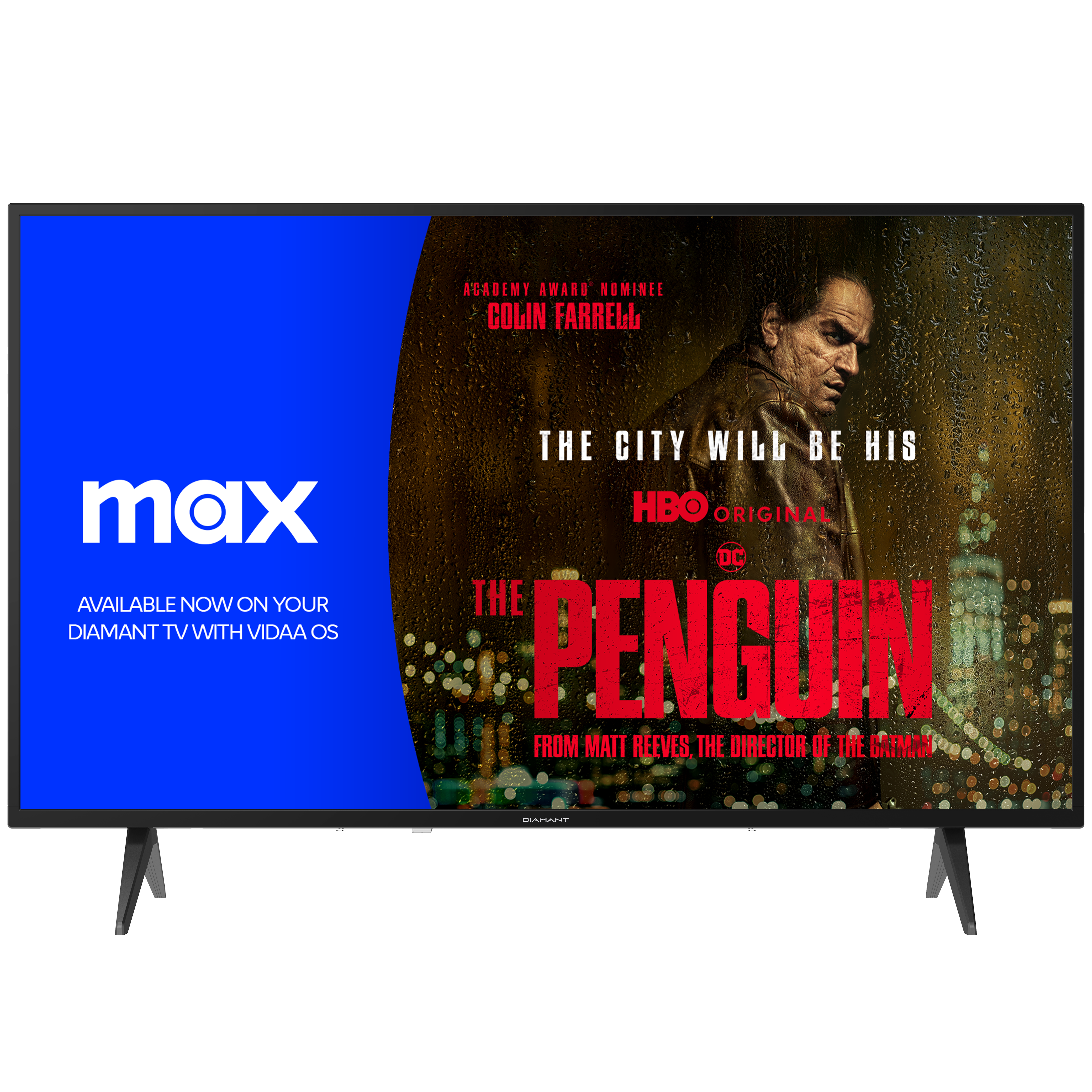 Ein Fernsehbildschirm zeigt eine Werbung für HBOs The Penguin. Der Bildschirm befindet sich in einem dunklen Raum.