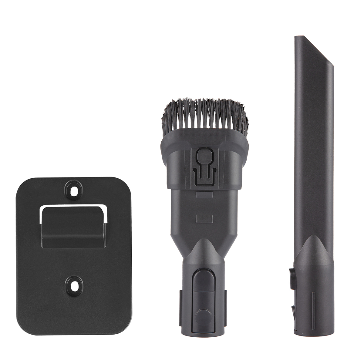 Akcesoria do odkurzacza: szczotka, ssawka szczelinowa i wspornik na białym tle.