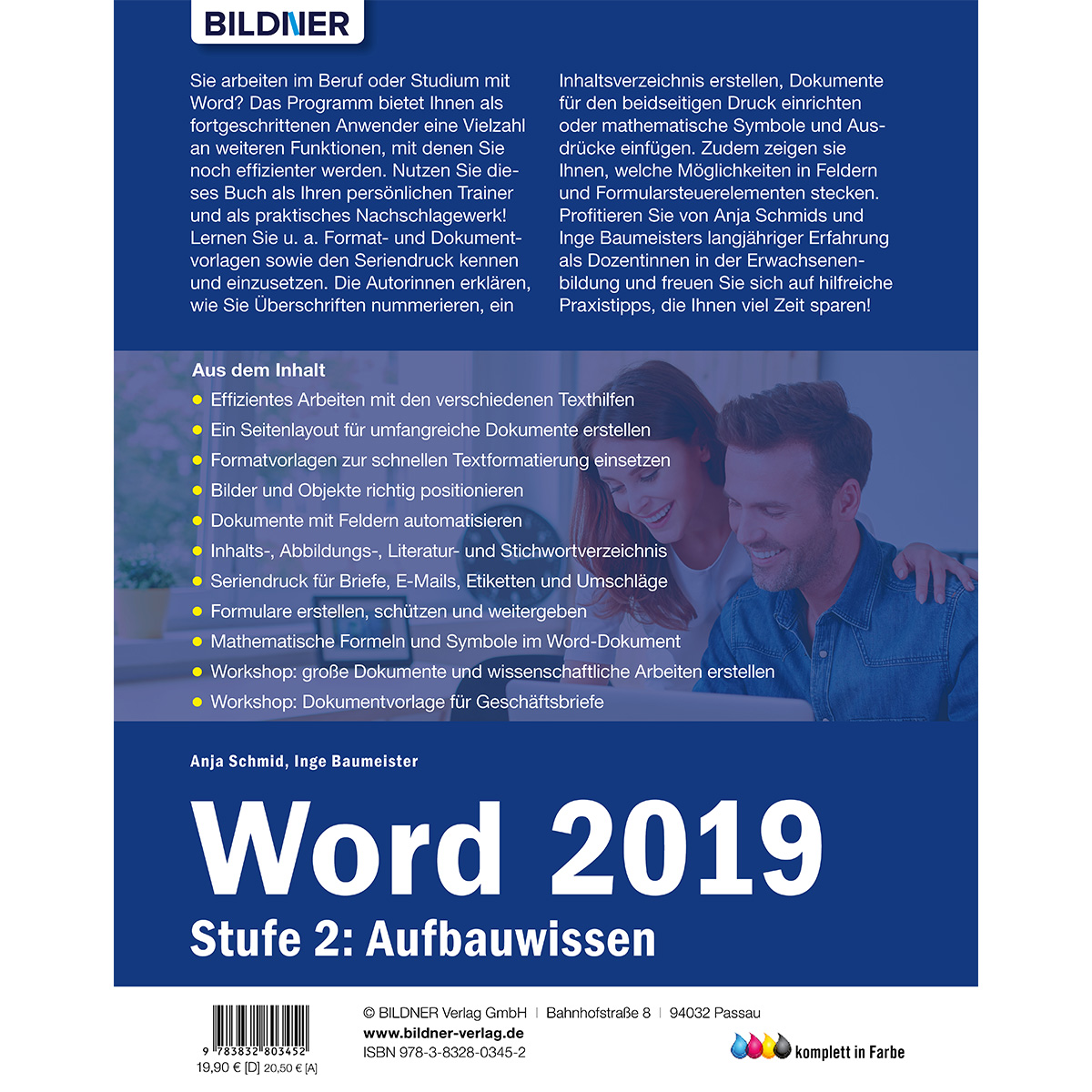 Buchcover mit Text über Microsoft Word 2019, Stufe 2, mit Bildern und einem Logo.