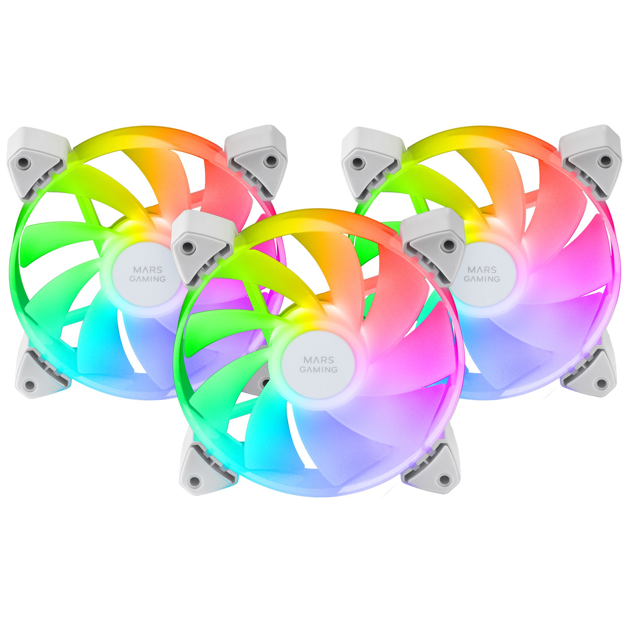 Trzy wentylatory komputerowe ze światłami LED. Wentylatory mają tęczowy gradient kolorów.