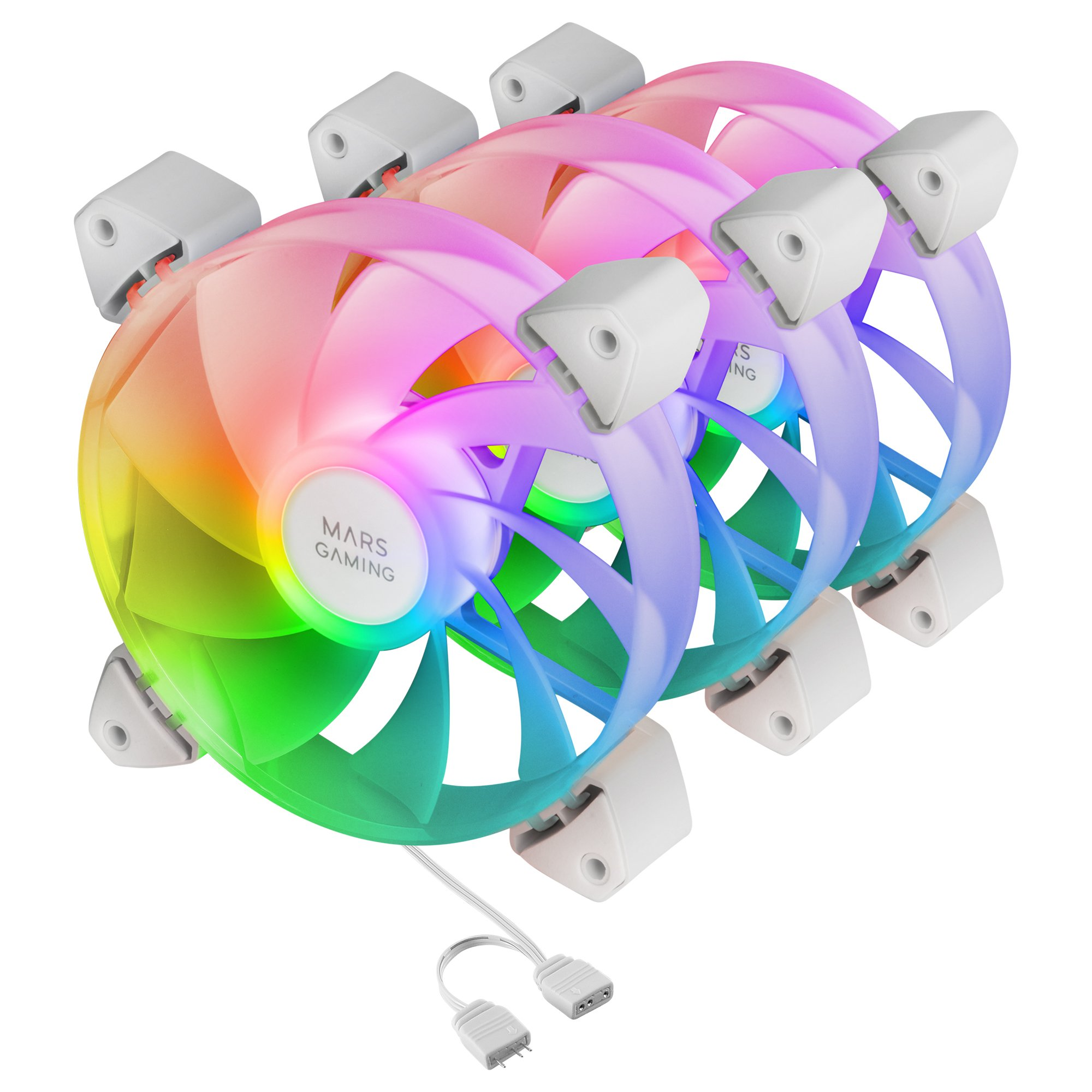 Zestaw wentylatorów do komputera LED RGB z białymi ramkami i logo MARS GAMING.
