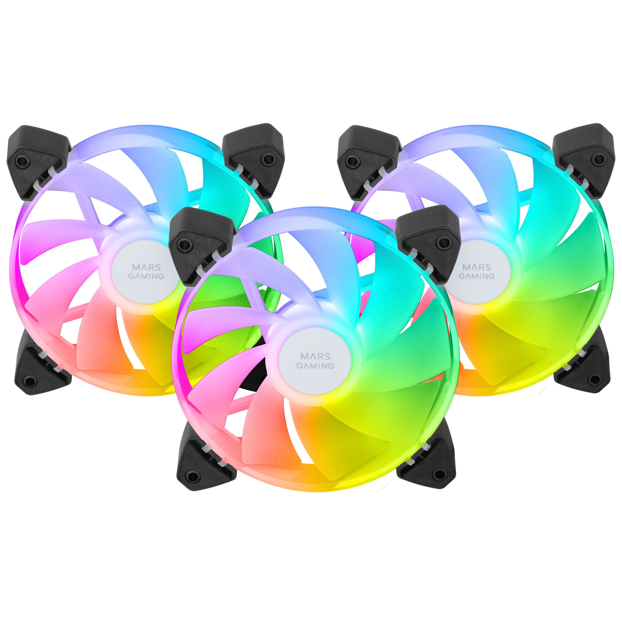 Trzy kolorowe wentylatory do komputera z tęczowym podświetleniem i napisem "MARS GAMING".