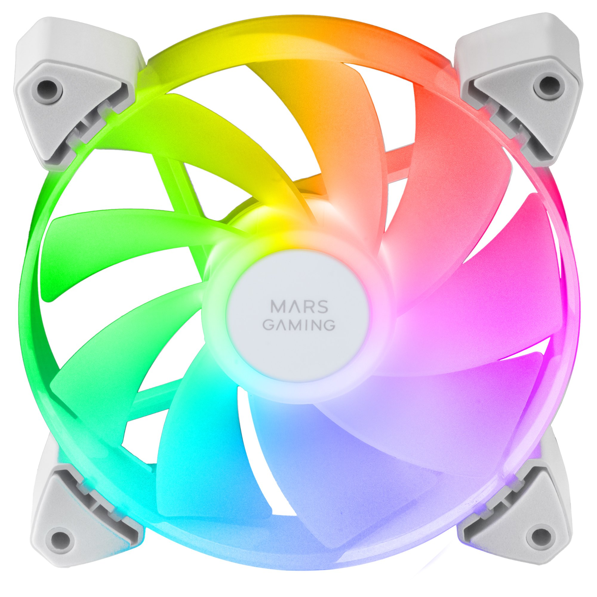 Wentylator komputerowy z tęczowymi łopatkami i białymi narożnikami, marka Mars Gaming.