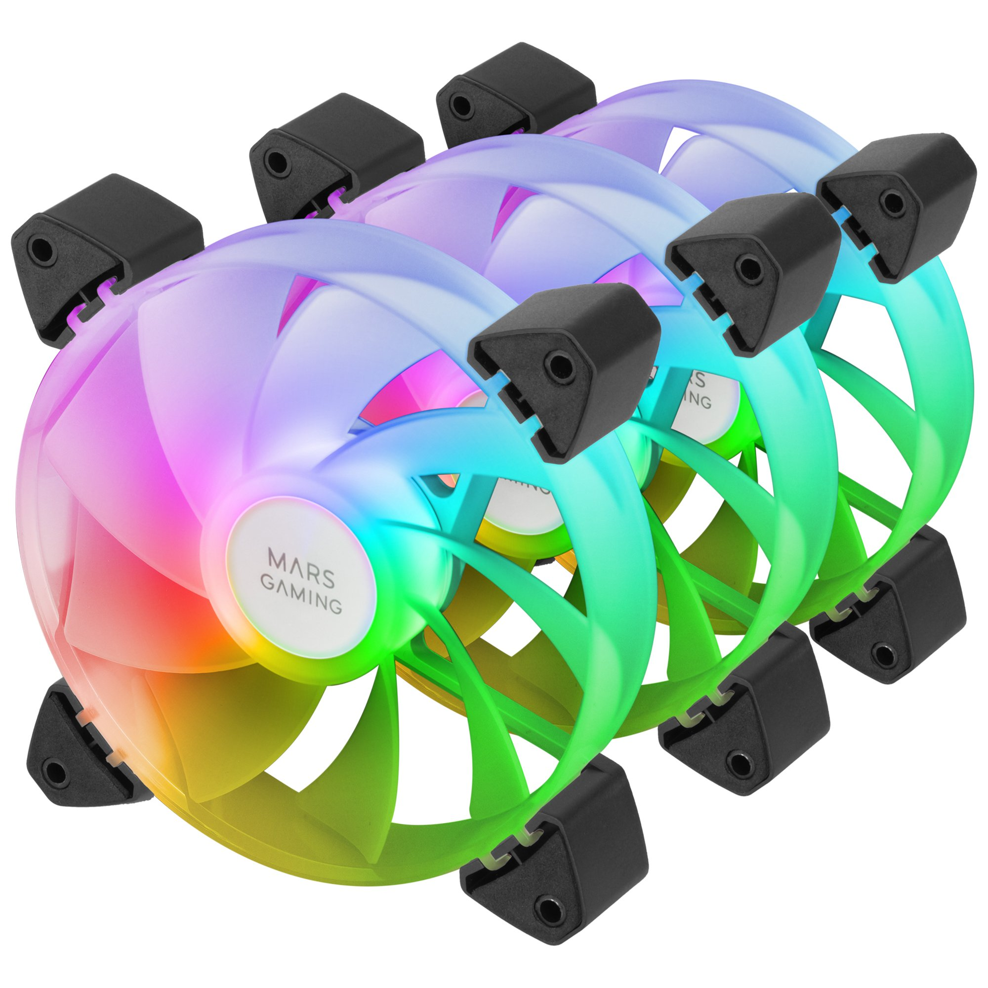 Cztery wentylatory komputerowe z tęczowymi łopatkami i czarnymi narożnikami.