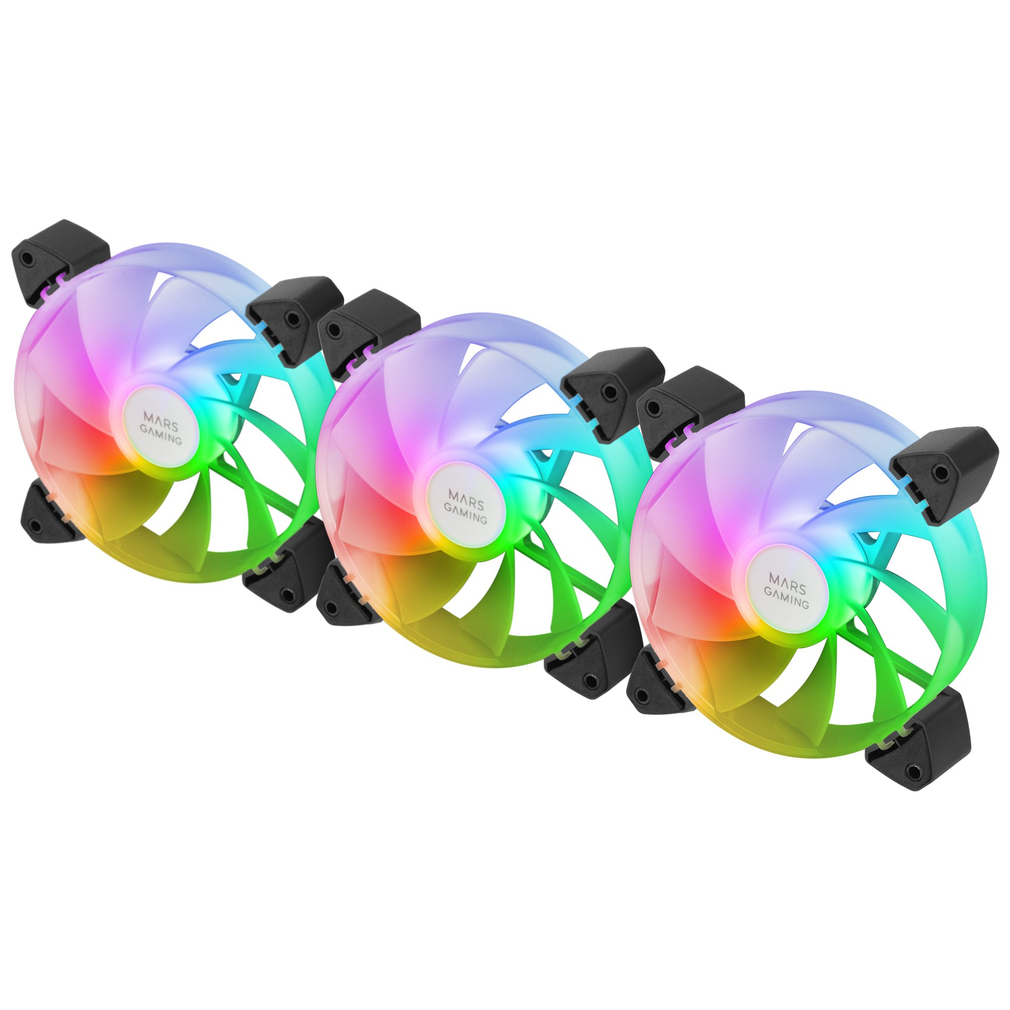 Trzy wentylatory LED RGB. Łopatki są zielone, rama czarna. Wentylator ma napis "MARS GAMING".