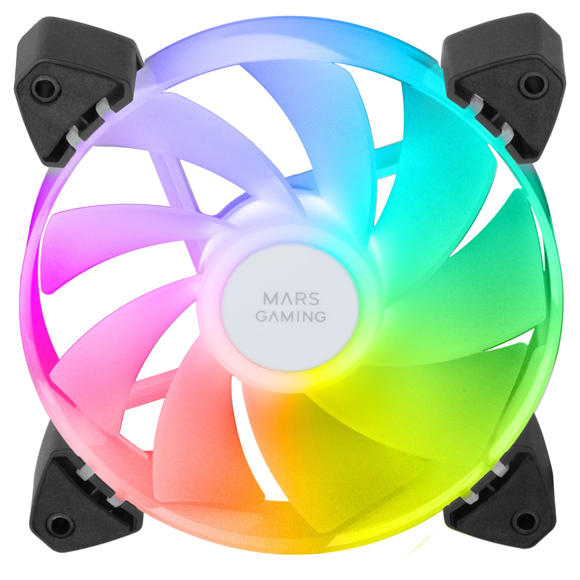 Wentylator komputerowy z kolorami tęczy. Czarna ramka. Biały środek z tekstem MARS GAMING.