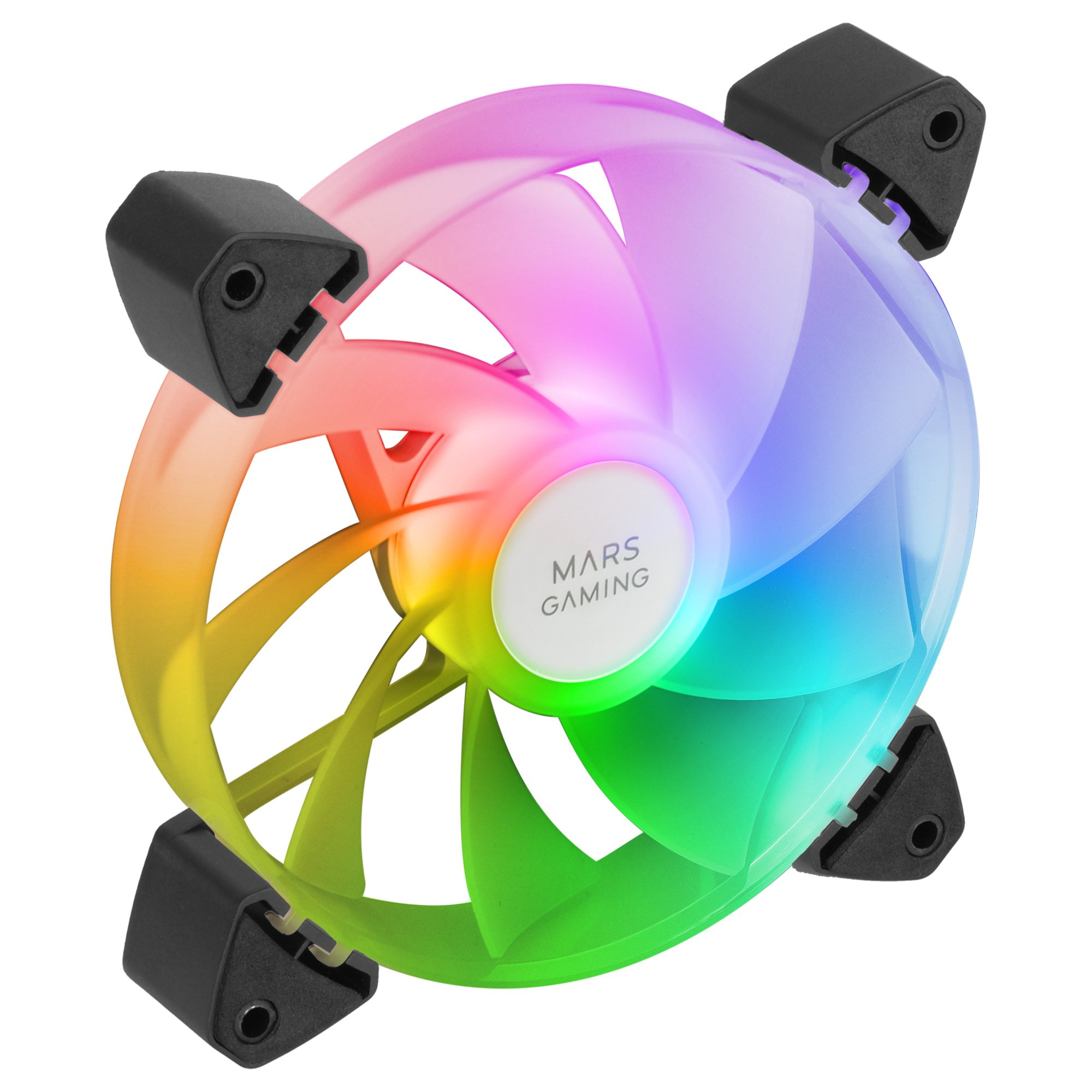 Wentylator komputerowy z tęczą kolorów i czarnymi narożnikami, na białym tle.