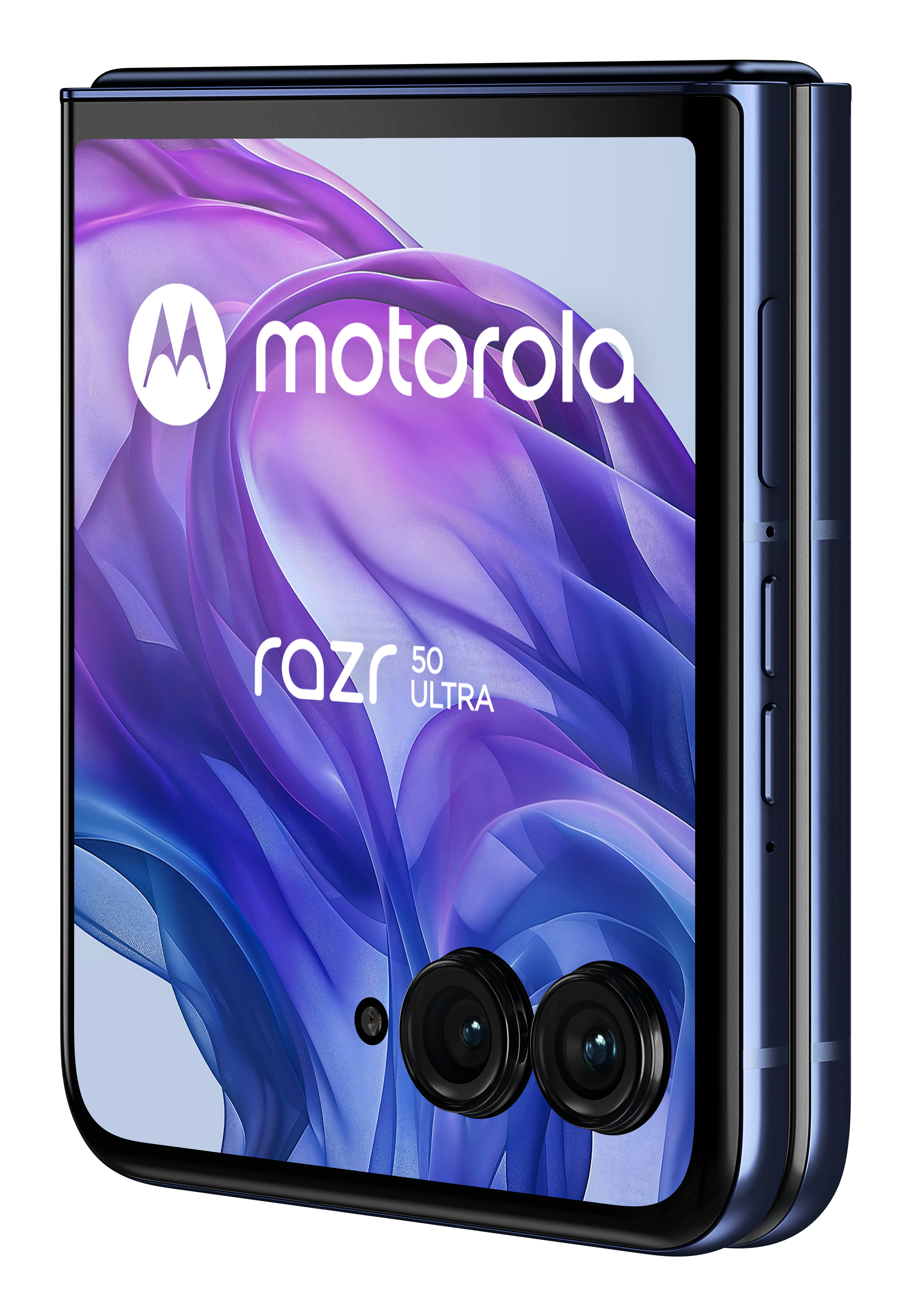 Teléfono Motorola Razr azul plegable. Cámaras duales en la parte delantera y logo de Motorola.