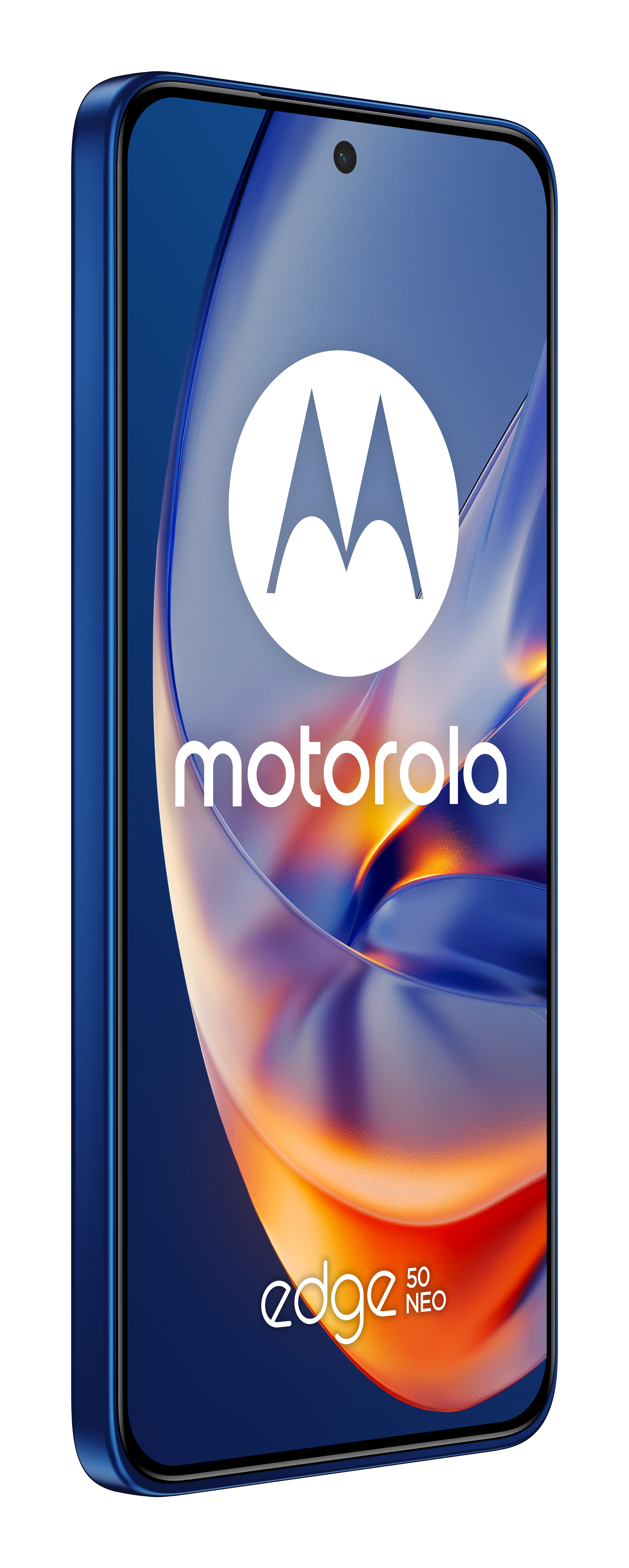 Niebieski smartfon z ekranem wyświetlającym logo Motorola i słowo 'edge'.
