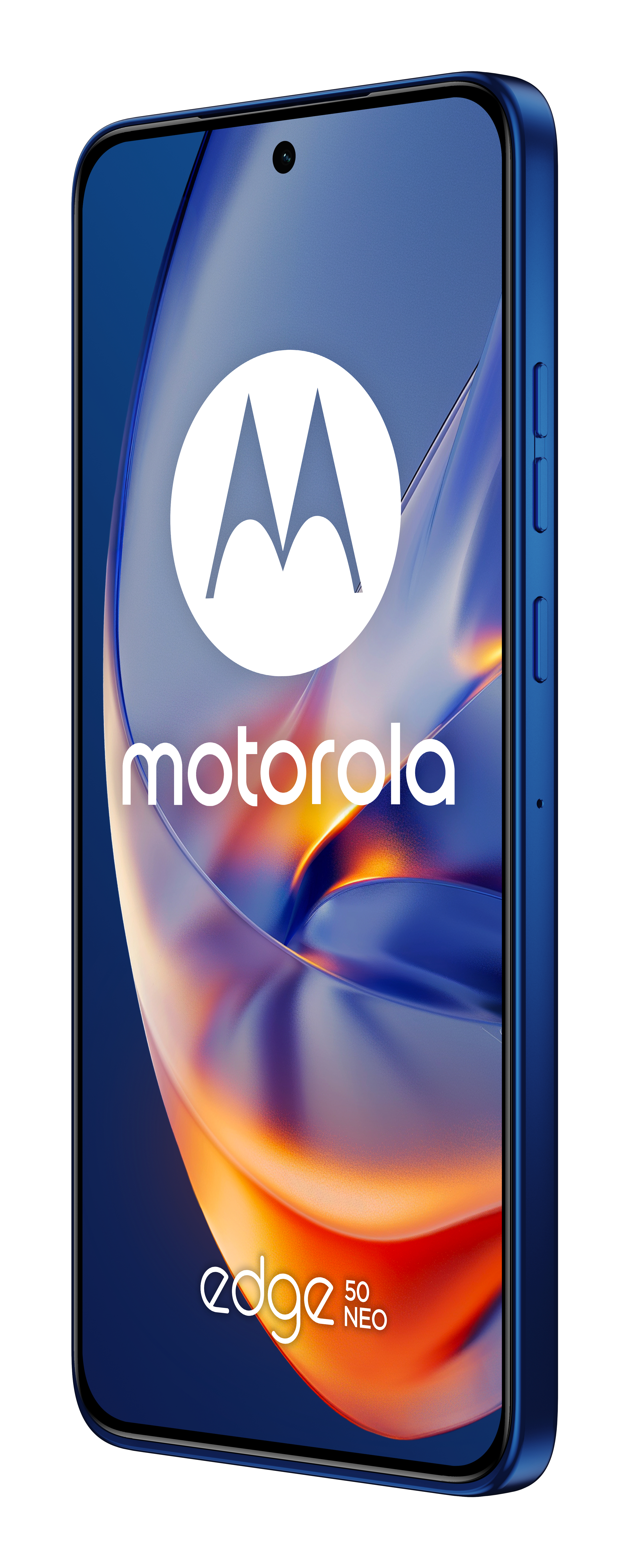 Niebieski telefon Motorola z logo Motorola na ekranie i tekstem edge 50 Neo poniżej.
