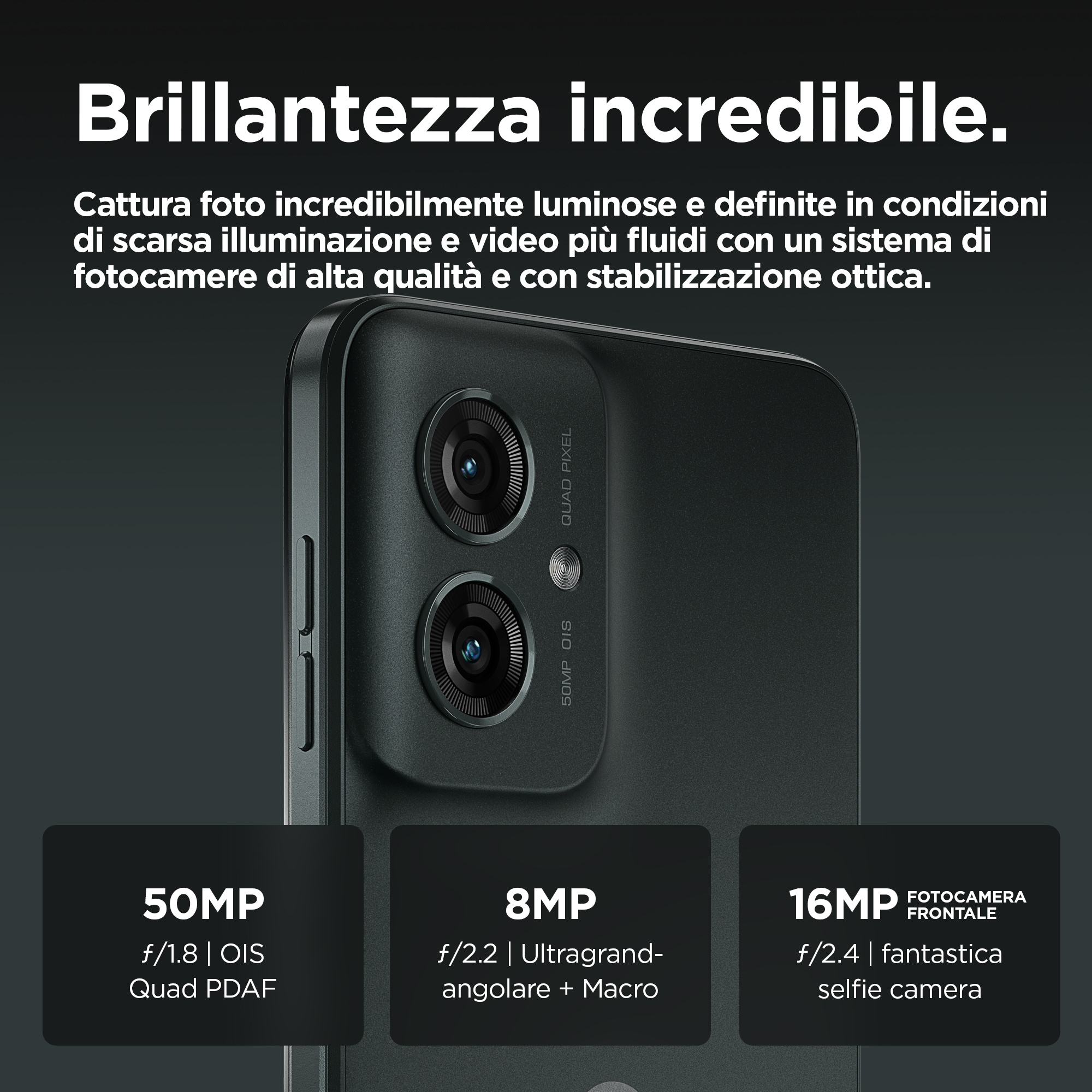 Zbliżenie ciemnego telefonu z dwoma obiektywami aparatu, specyfikacjami i tekstem.