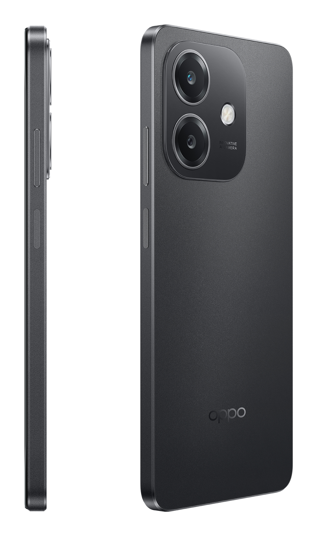 Un smartphone negro mostrado de lado y por detrás, con una protuberancia de la cámara y el logotipo de Oppo.