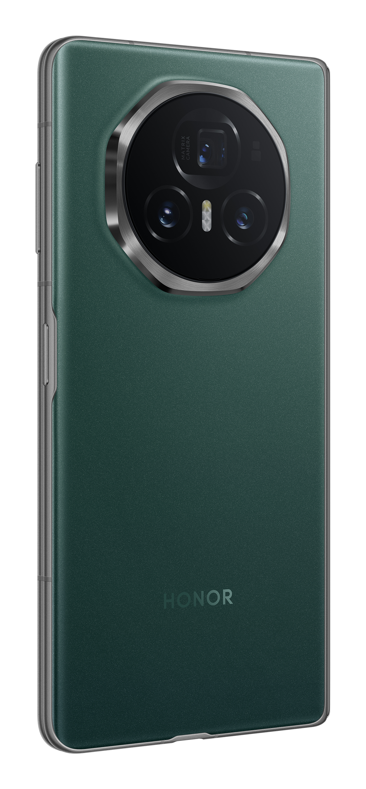 Zielony telefon HONOR z dużym modułem aparatu z tyłu. Telefon jest na białym tle.