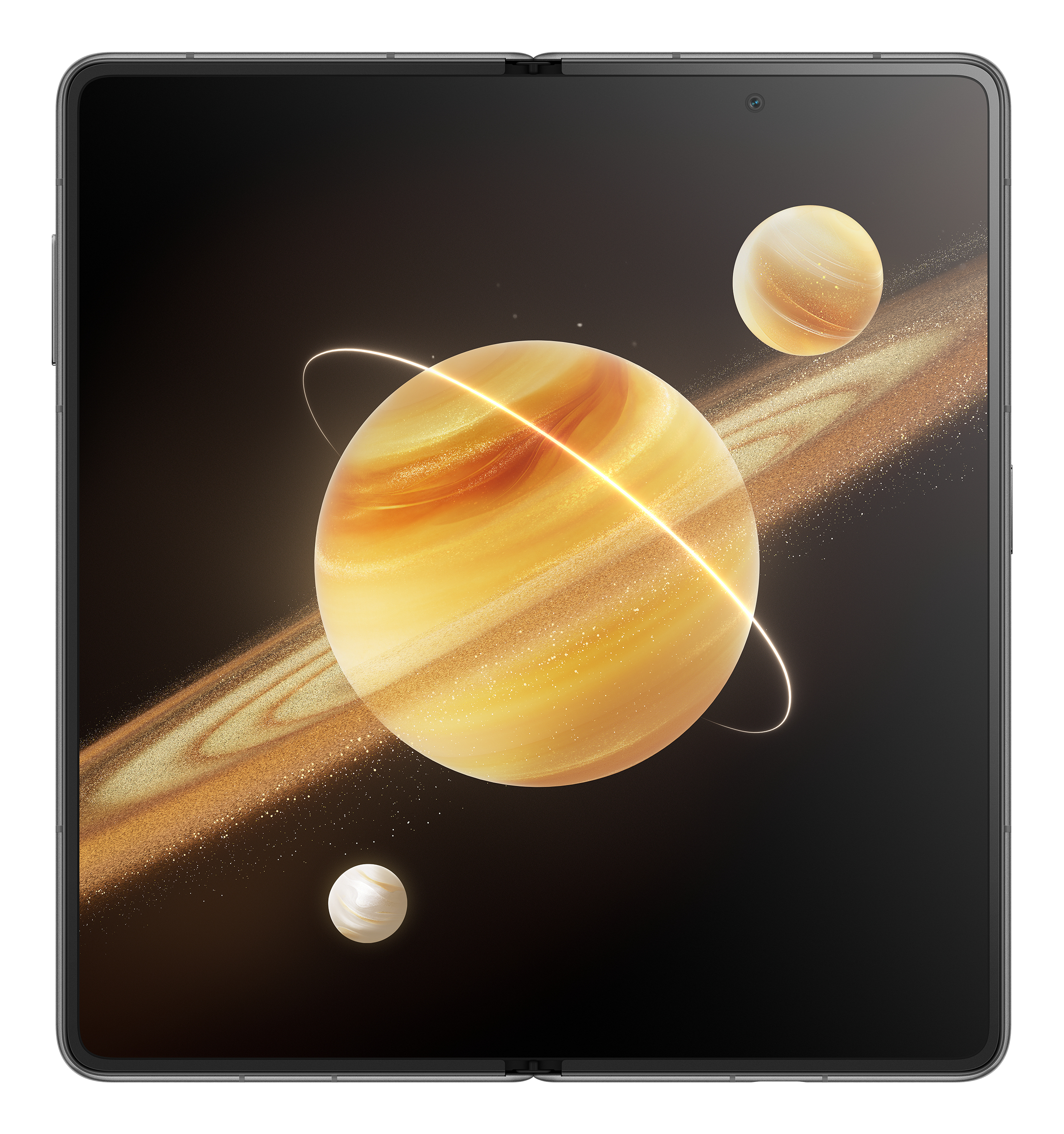 Składany tablet wyświetlający planety, z czarnym tłem. Trzy planety o różnych rozmiarach i pierścieniach.