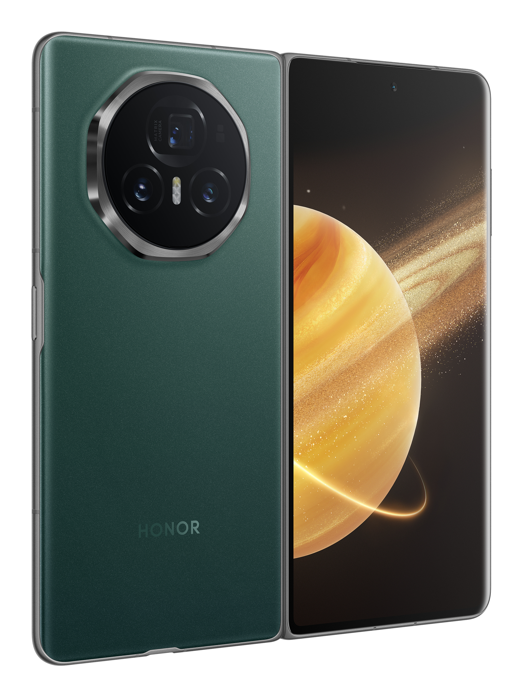 Zielony smartfon, tył. Posiada obiektywy aparatu i logo HONOR. Ekran jest włączony.