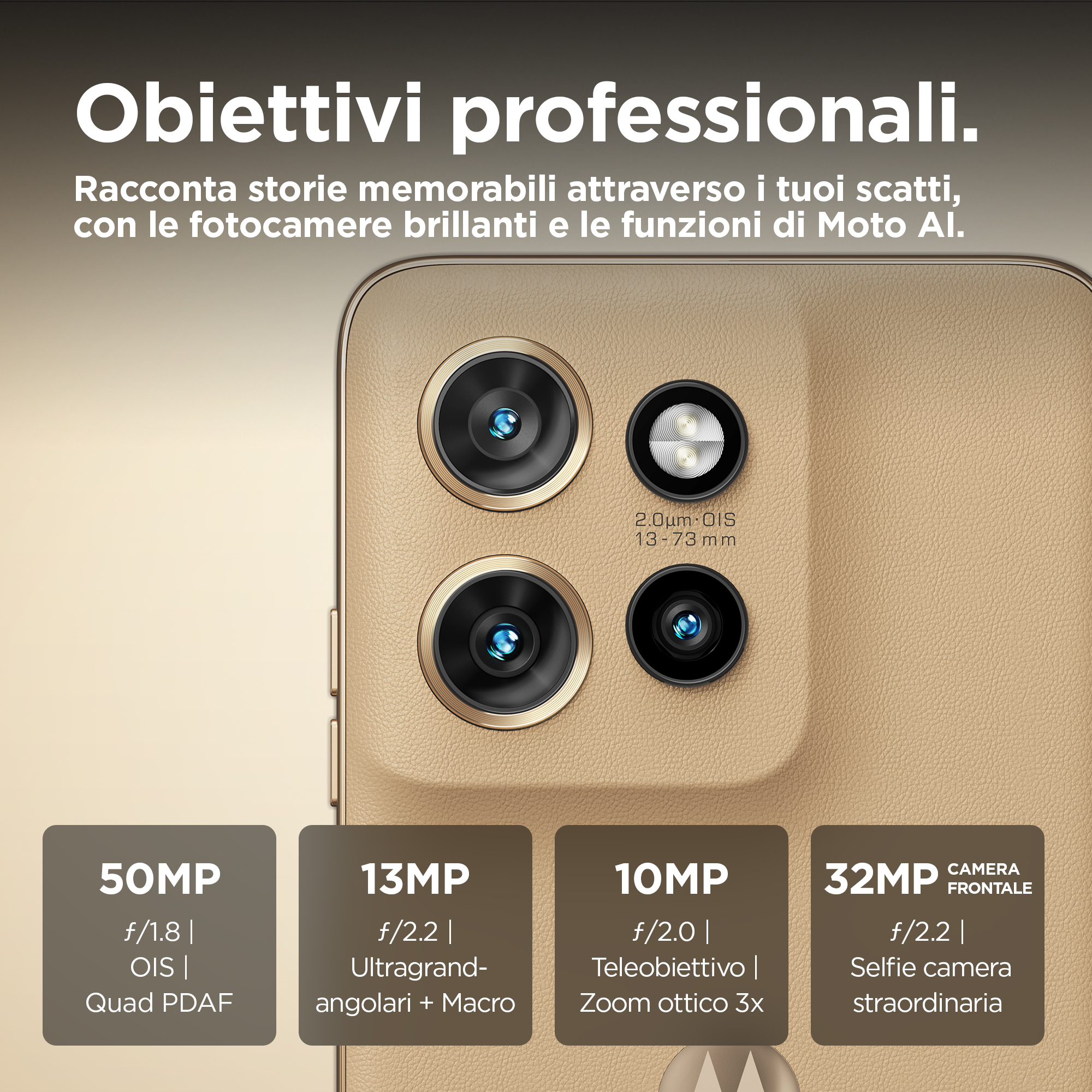 Zbliżenie złotego telefonu z wyświetlonymi specyfikacjami aparatu i obiektywami.