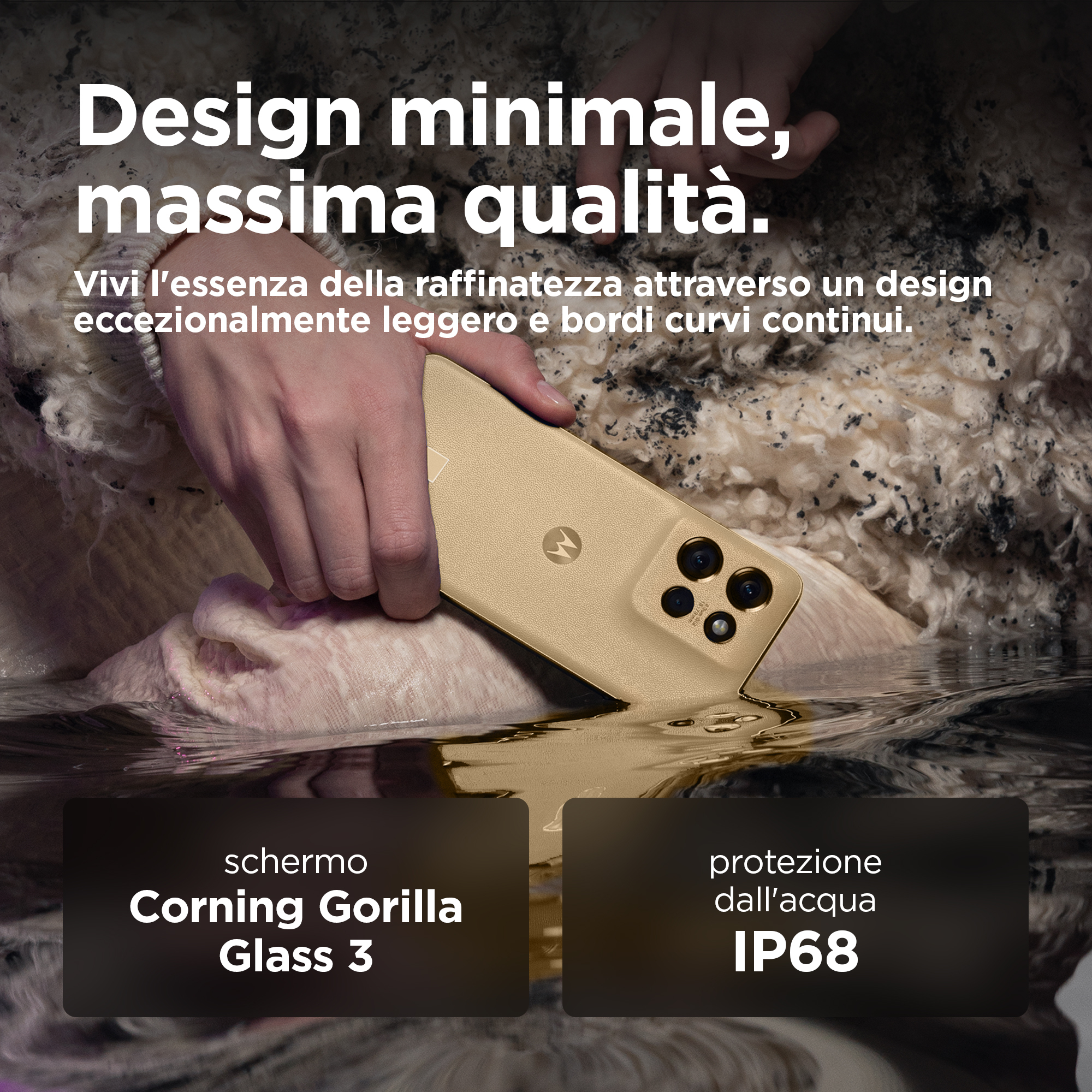 Złoty telefon w wodzie, z tekstem o designie i funkcjach.