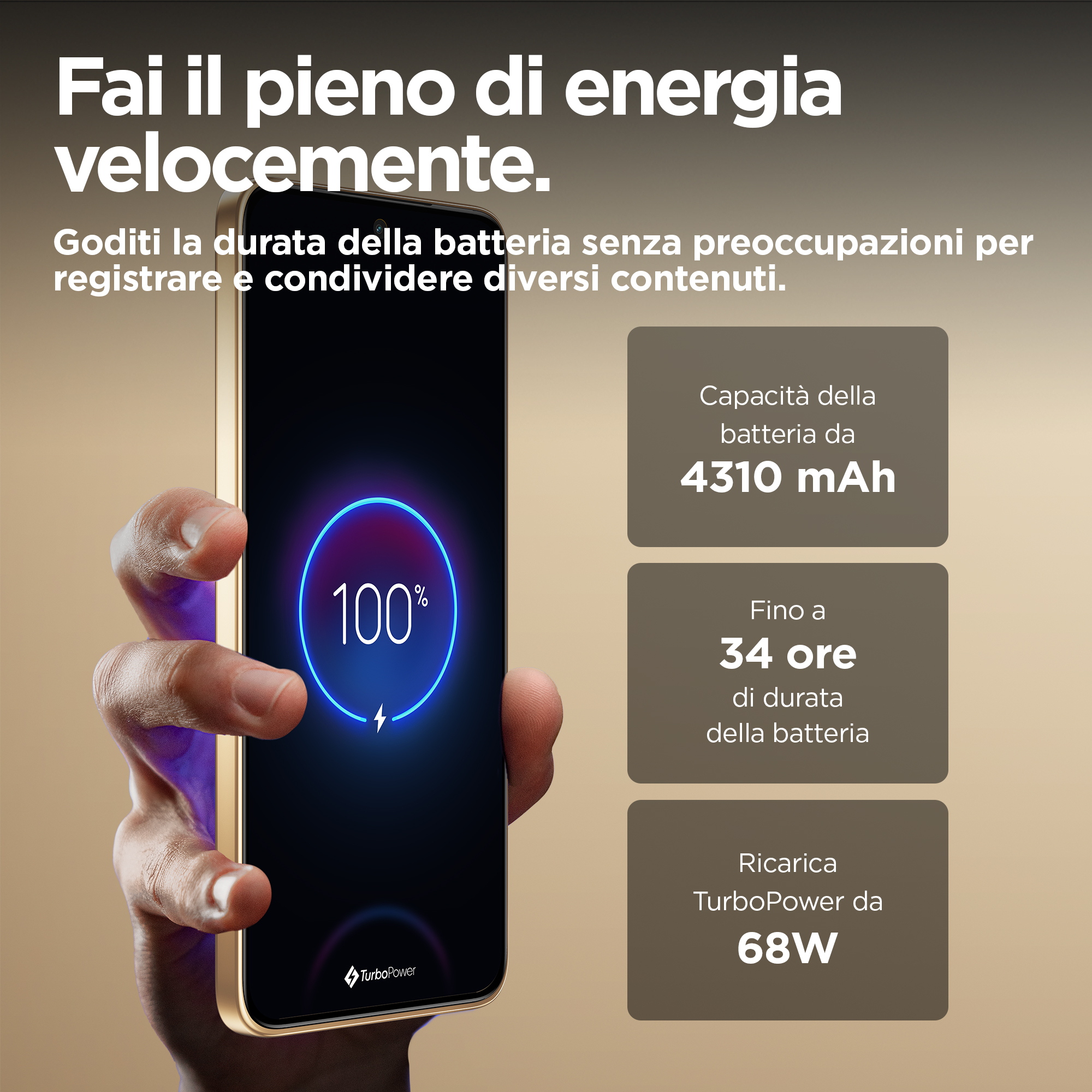 Dłoń trzymająca telefon z naładowaną w 100% baterią i włoskim tekstem.