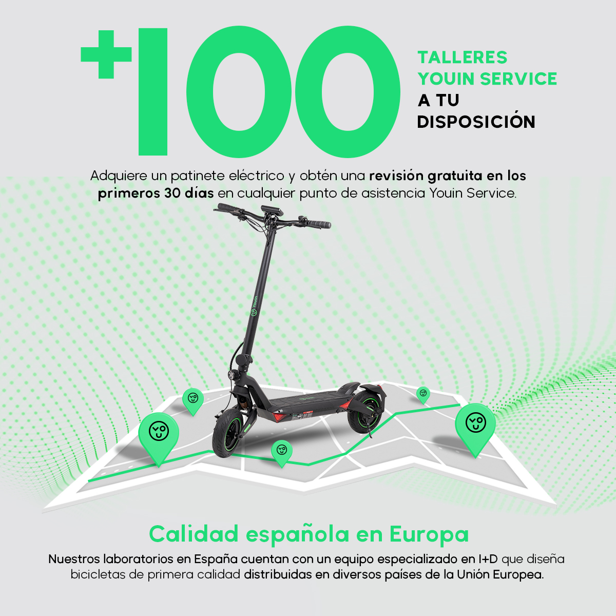 Een elektrische scooter met een kaart en tekst over werkplaatsen en kwaliteit in Europa.