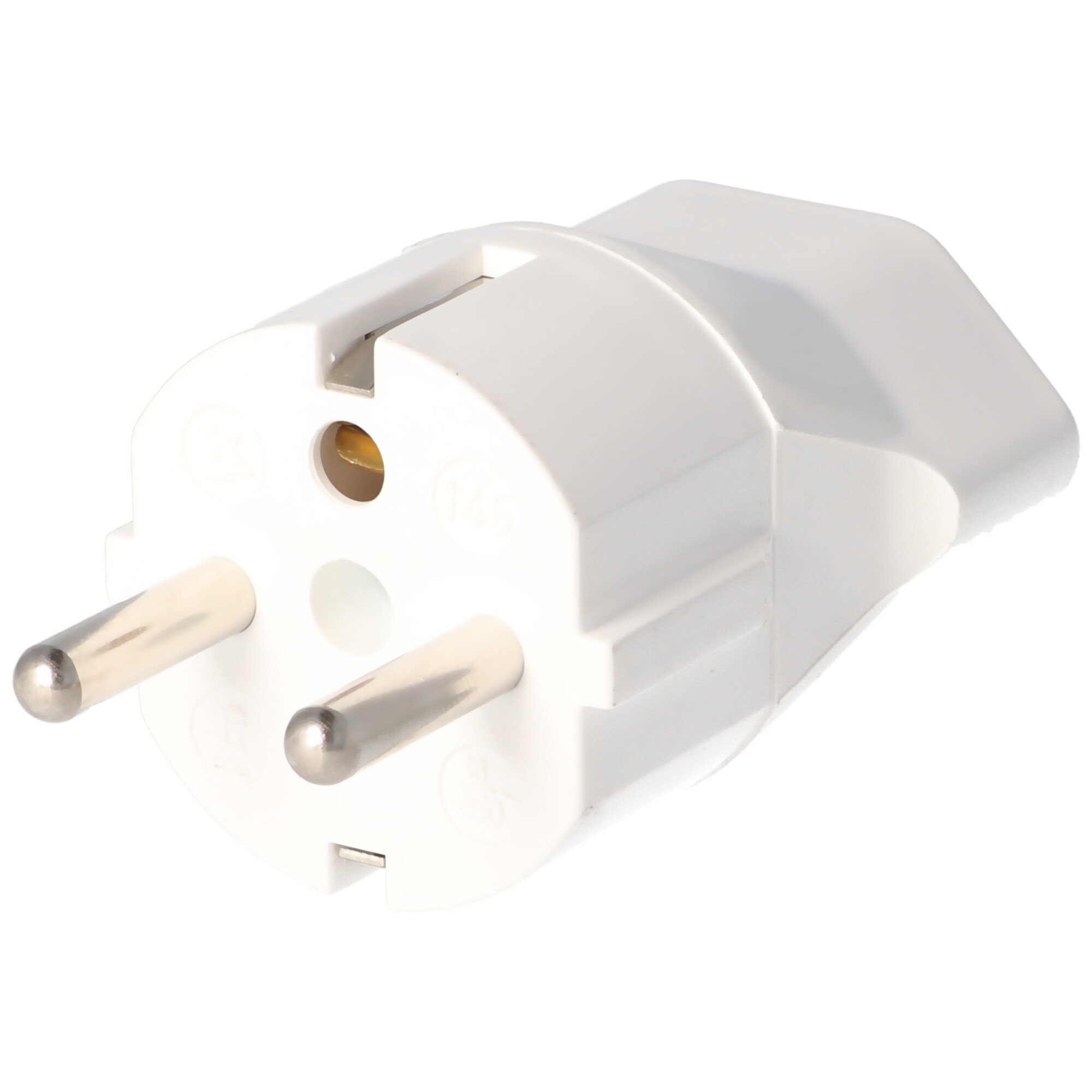 Witte stekkeradapter met twee ronde pinnen, op een witte achtergrond.