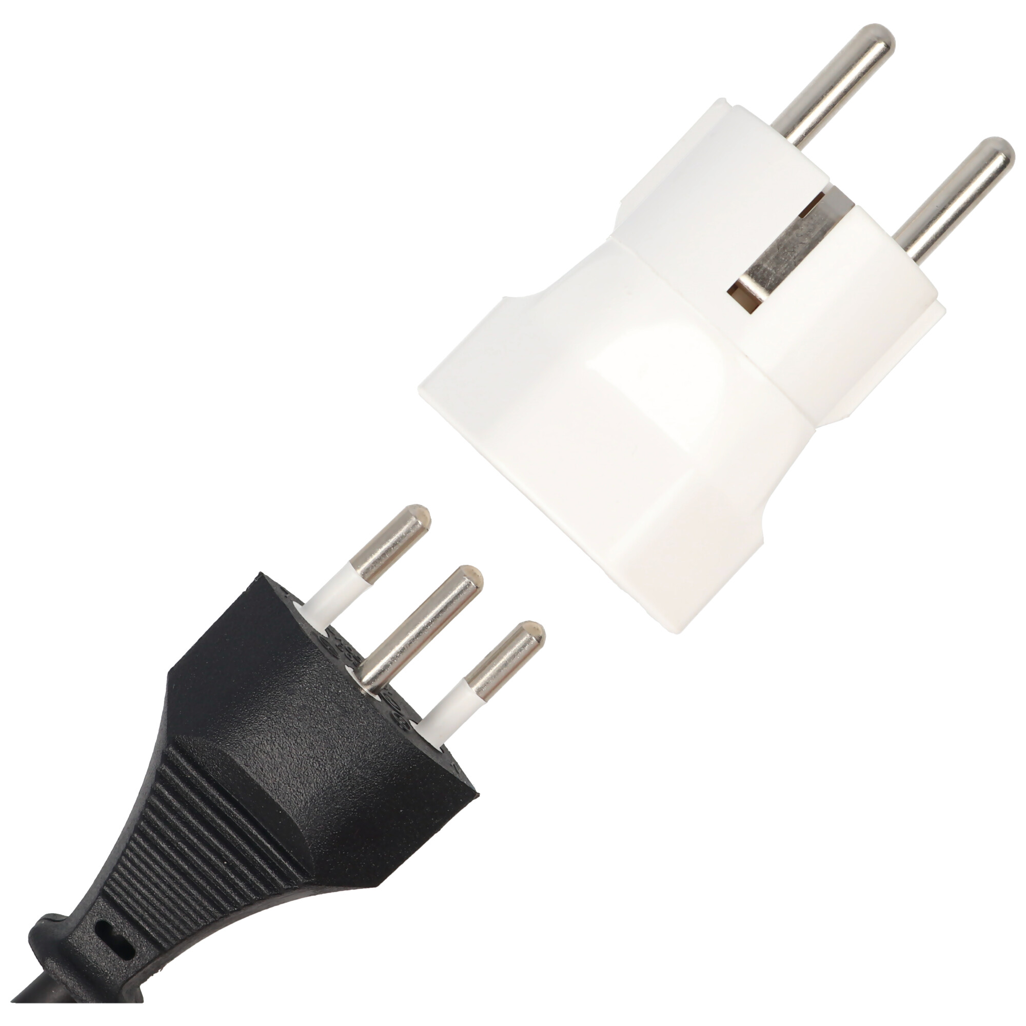 Een zwarte stekker en een witte adapterstekker worden afzonderlijk getoond, met de pinnen zichtbaar.
