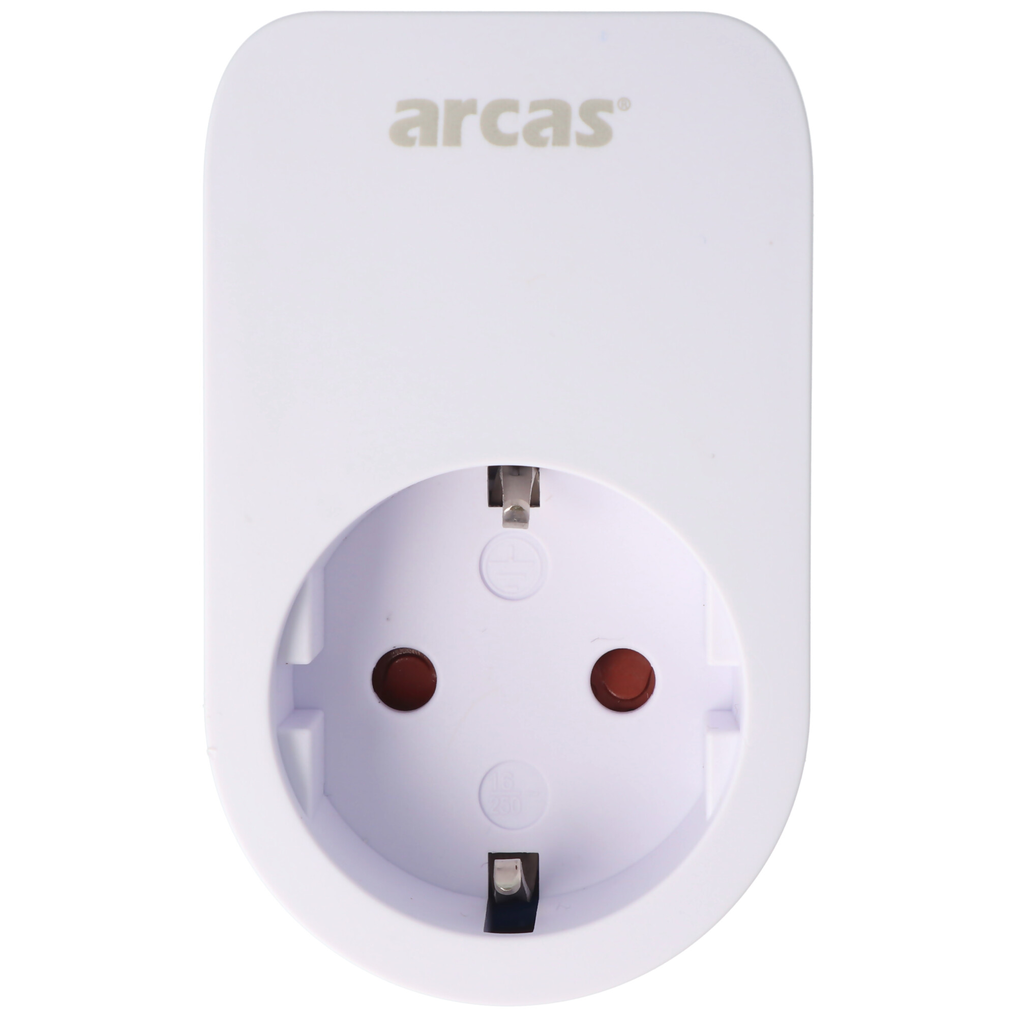 Witte slimme stekker met twee gaten. Arcas logo staat bovenaan.