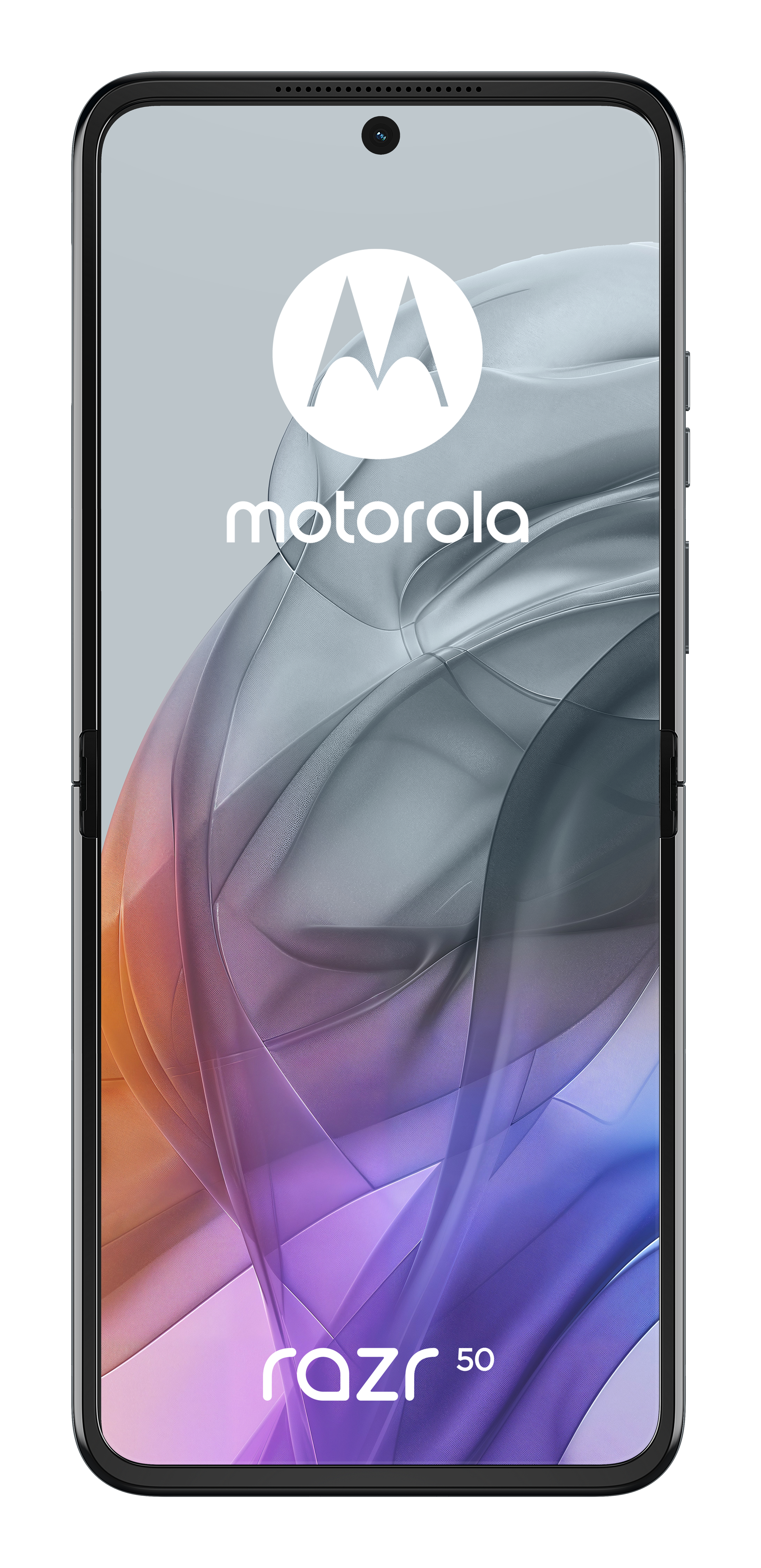 Telefon Motorola Razr 50 na jasnym tle. Widok z przodu, z widocznym logo Motorola.