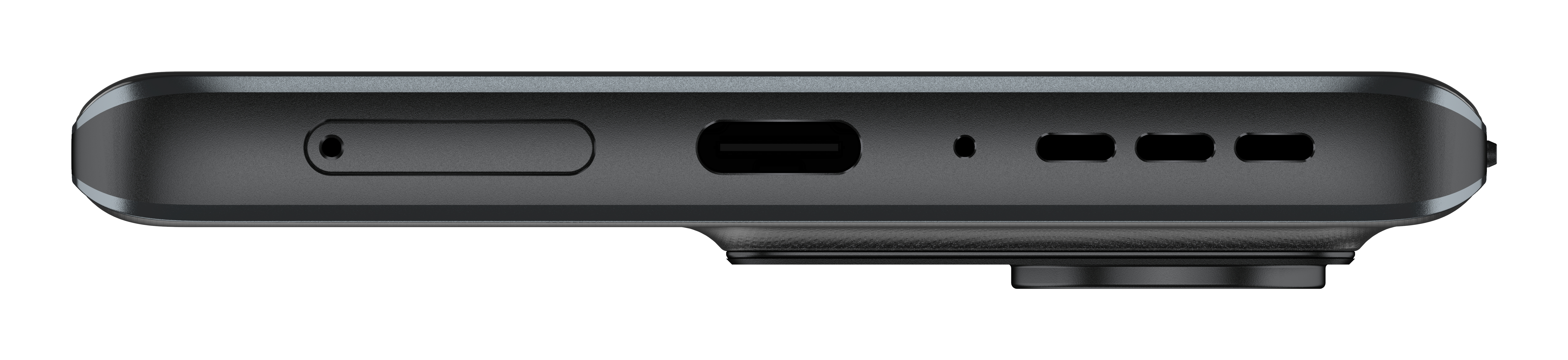 Widok z boku czarnego smartfona pokazujący port ładowania, mikrofon i głośniki.