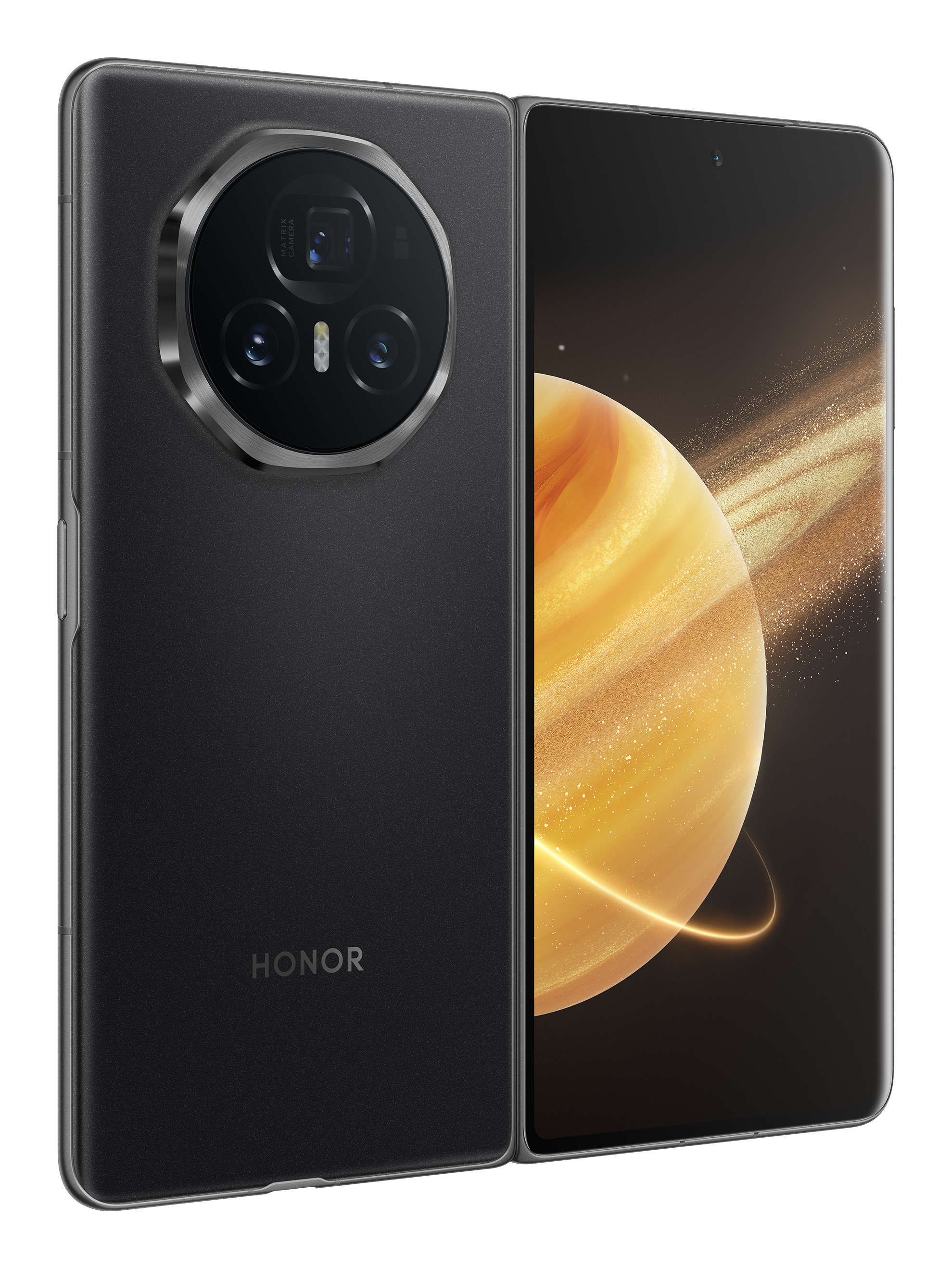 Smartphone nero con modulo fotocamera sul retro e schermo con un pianeta dorato.