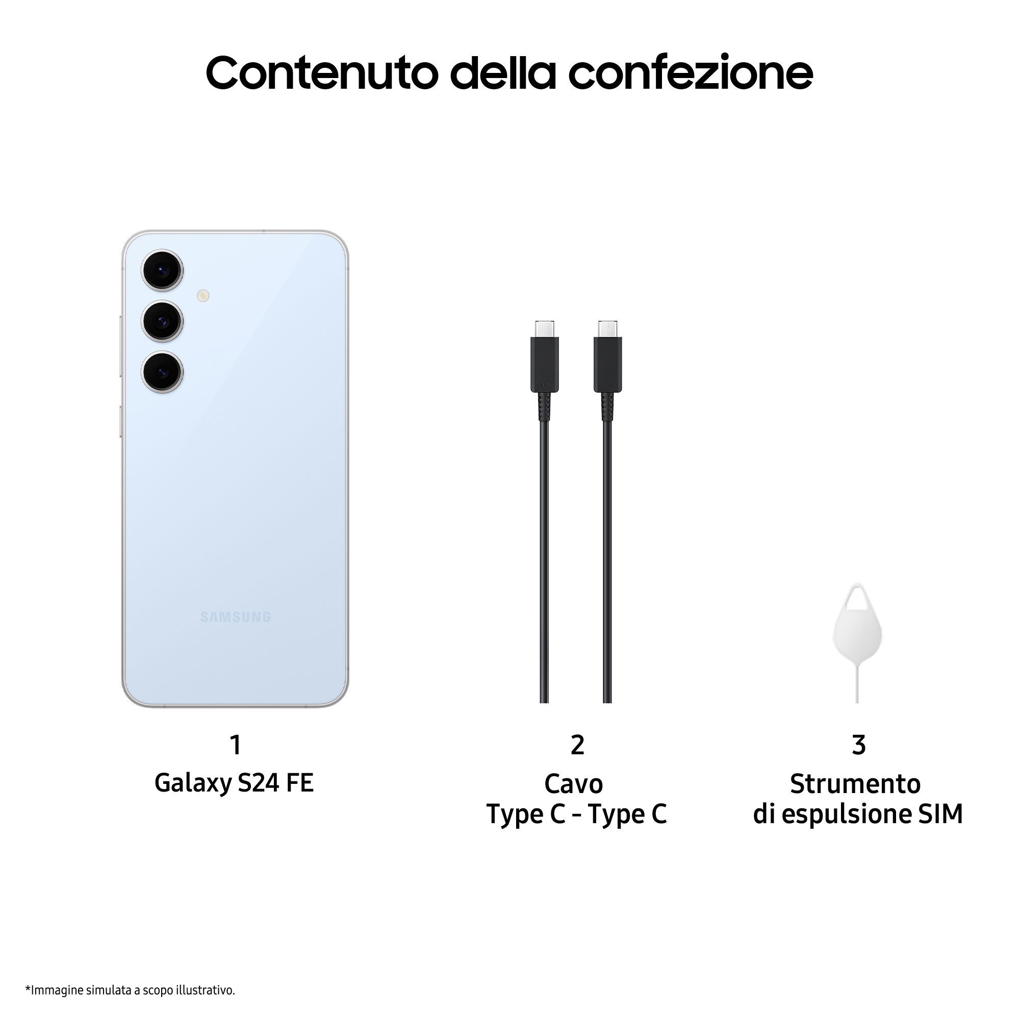 Zawartość pudełka Galaxy S24 FE: telefon, dwa kable USB-C i narzędzie do wysuwania karty SIM.