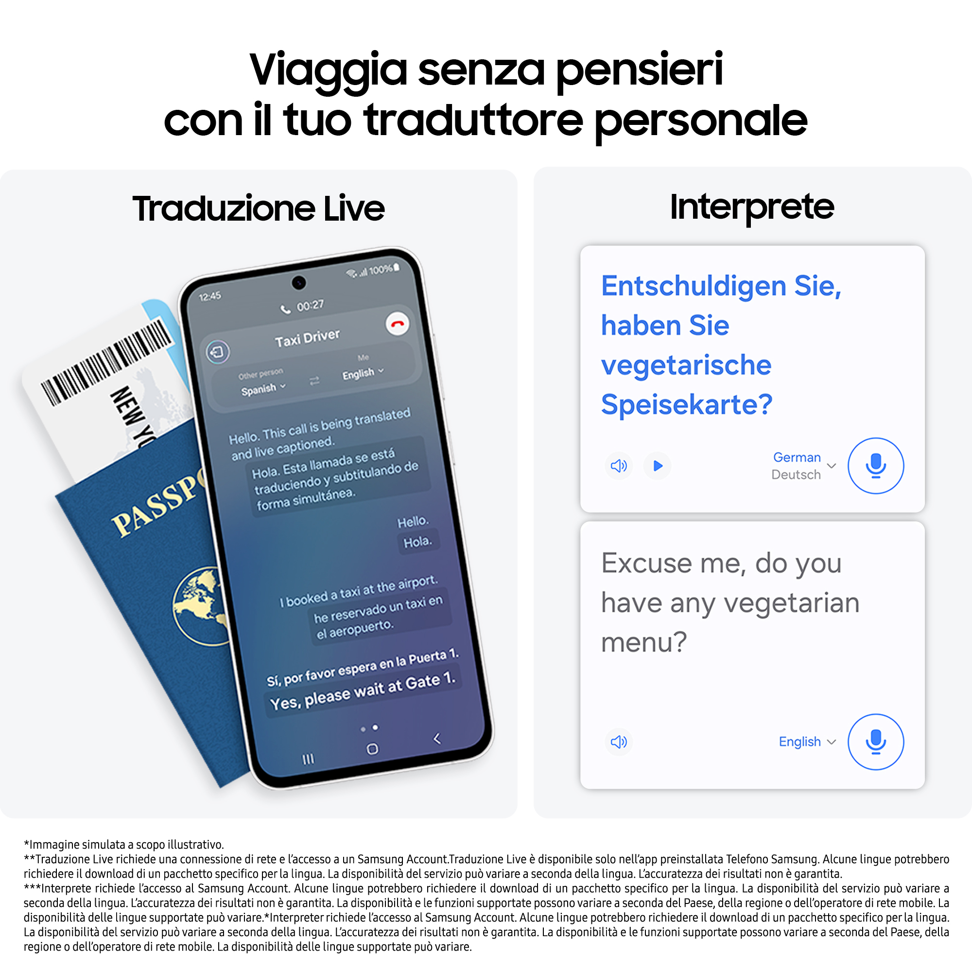 Eine Übersetzungs-App auf einem Telefonbildschirm, die Live-Übersetzung zeigt, mit Reisepass und Tickets.