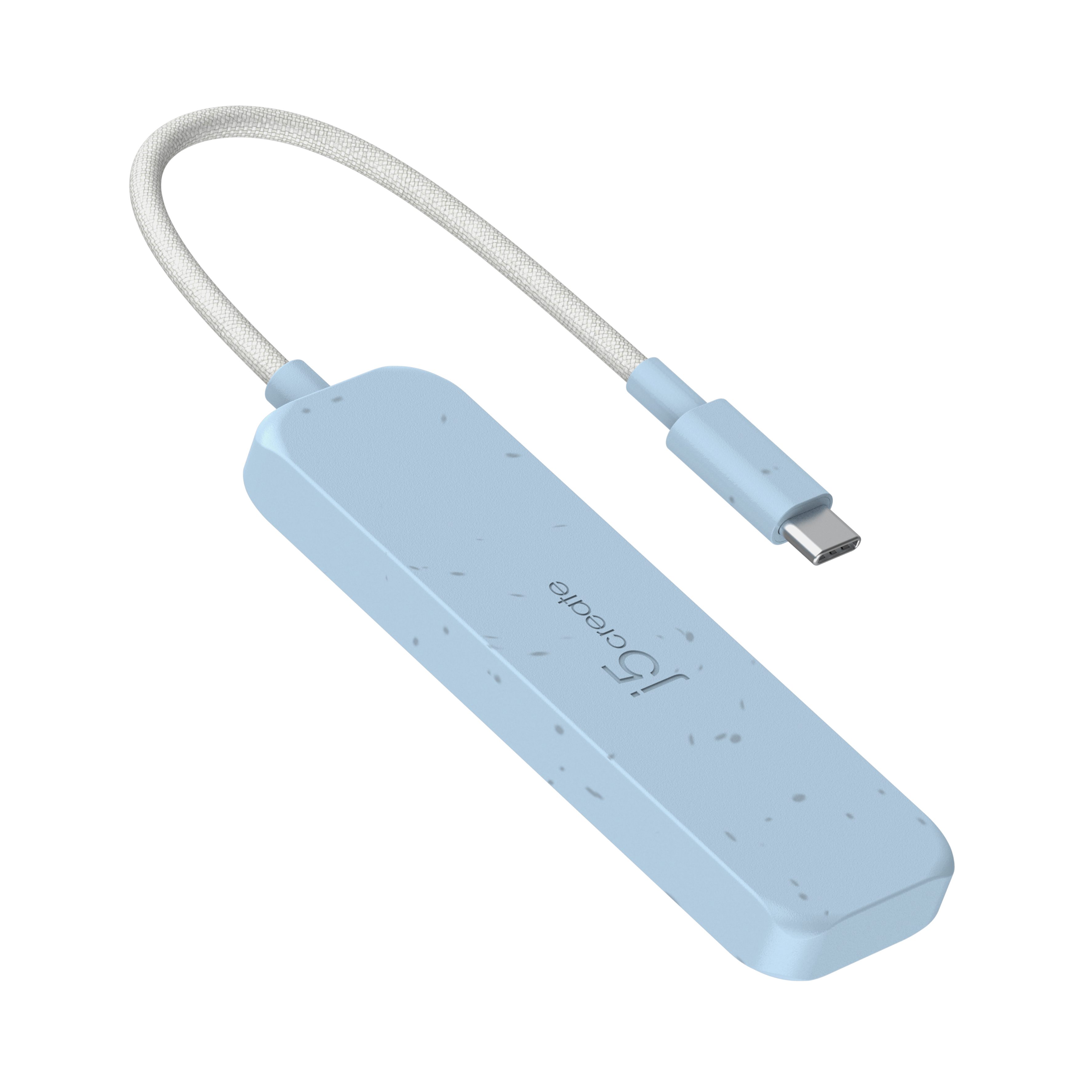 Un adaptateur USB-C bleu clair avec un câble blanc.