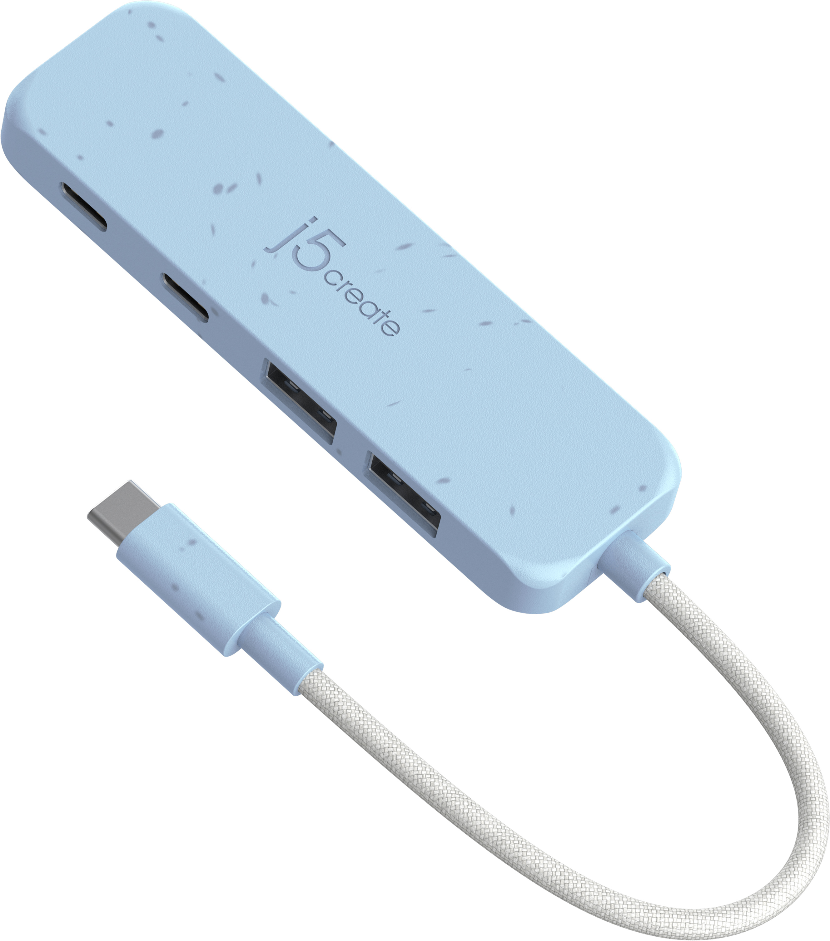 Ein hellblauer USB-Hub mit Anschlüssen und einem Kabel. Der Markenname „j5create“ ist sichtbar.
