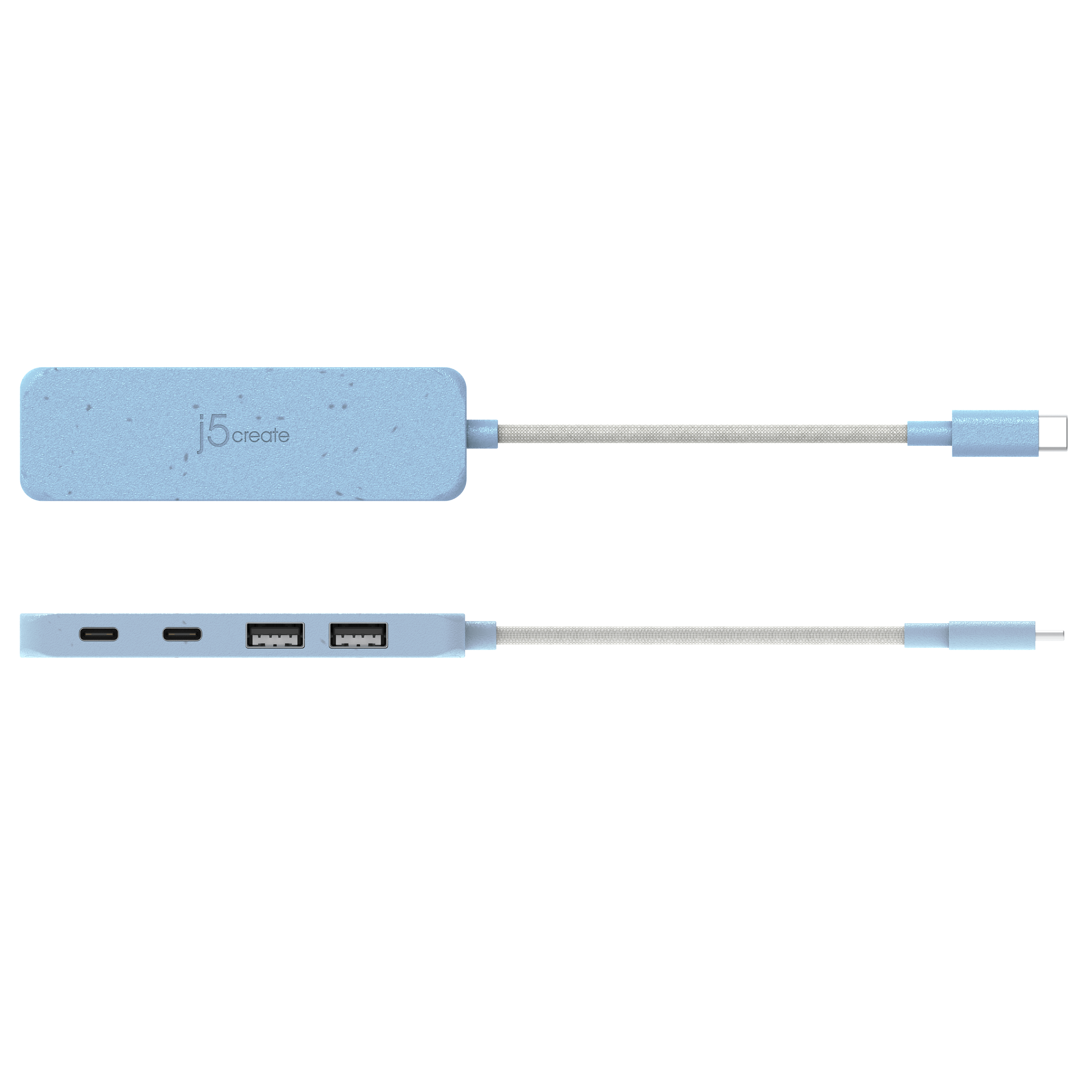 Hellblauer j5create Multiport-Adapter mit Anschlüssen und Kabel auf Weiß.