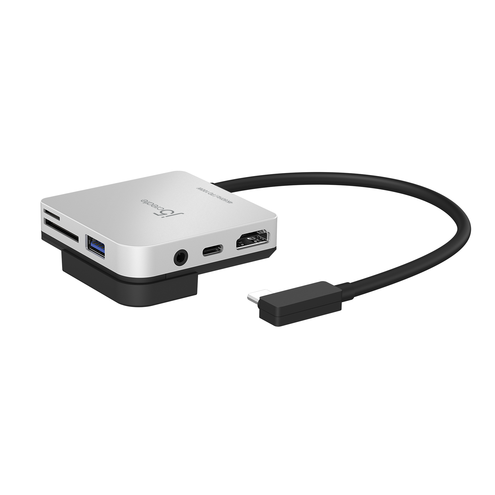 Concentrador USB multipuerto plateado con múltiples puertos y un cable negro con conector USB-C.