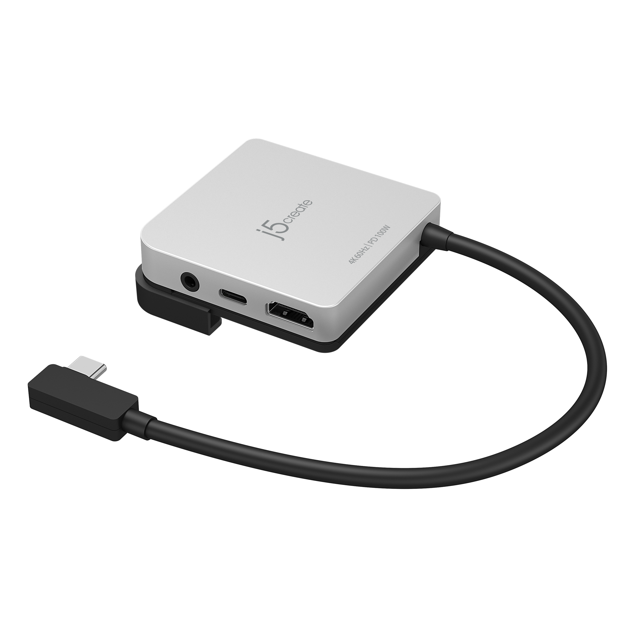 Un dispositivo plateado con un cable y conector negro. Es un adaptador USB-C.