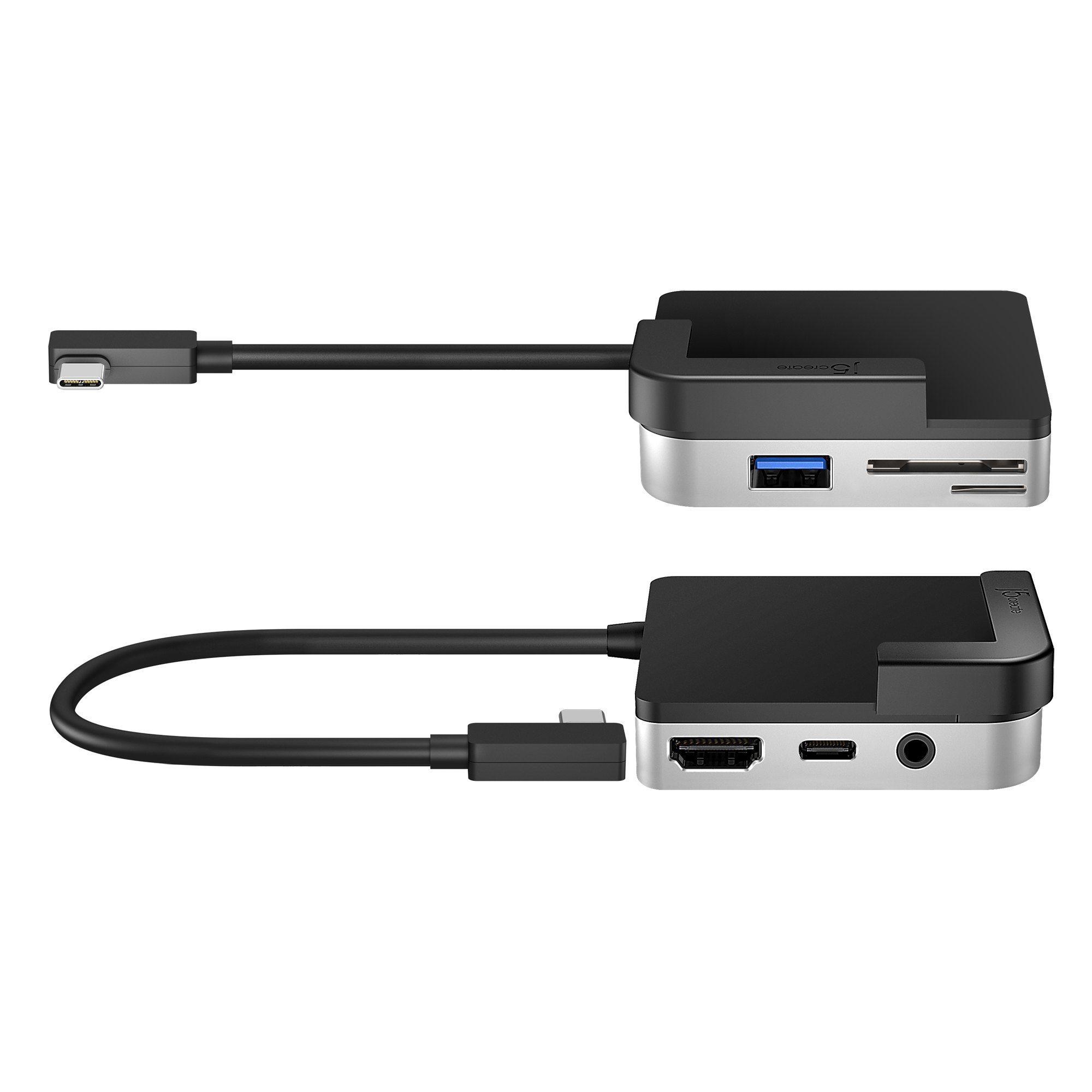 Dos concentradores USB-C negros y plateados con múltiples puertos, que muestran diferentes lados.
