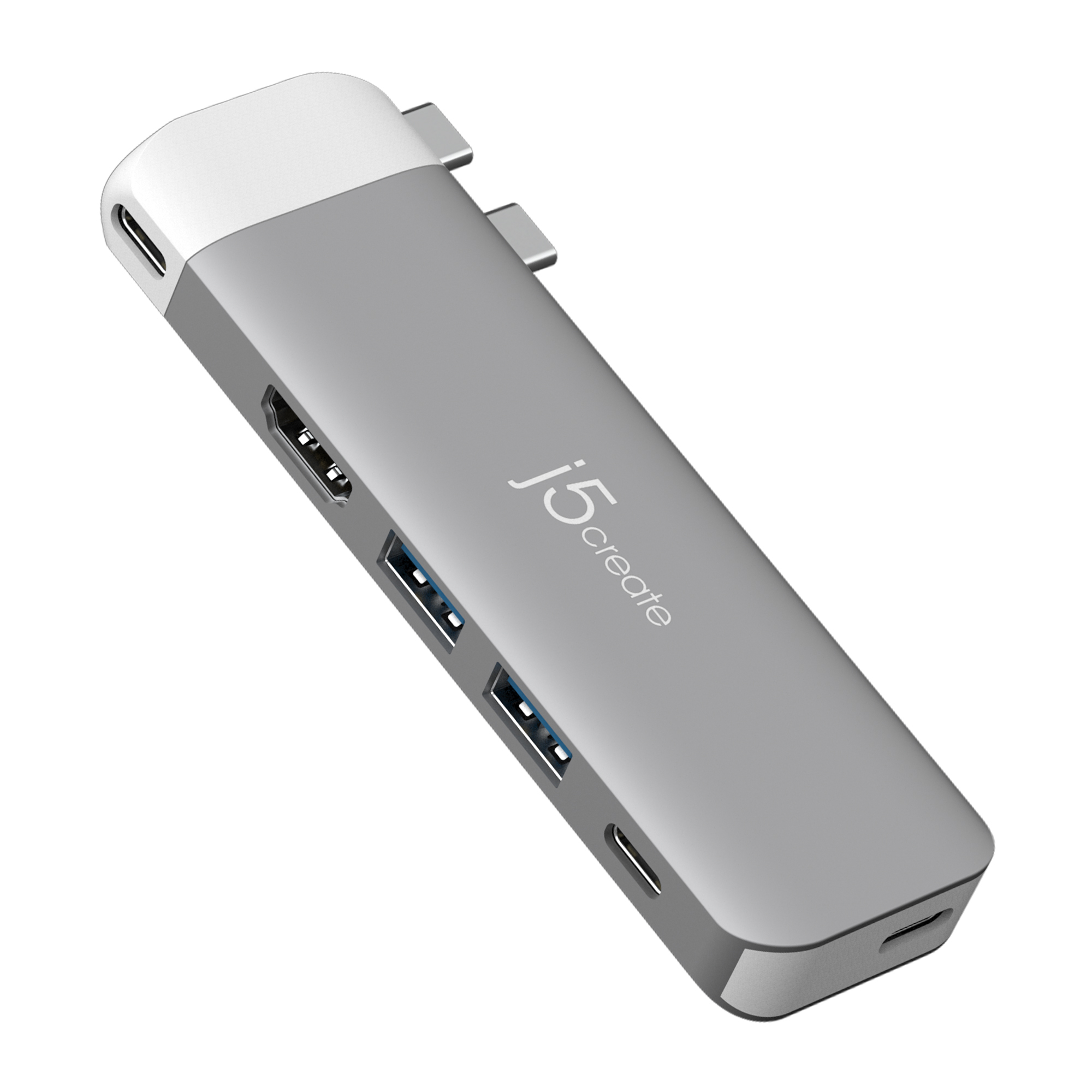 Hub USB-C argentato con più porte, tra cui HDMI, USB e un'altra porta USB-C.