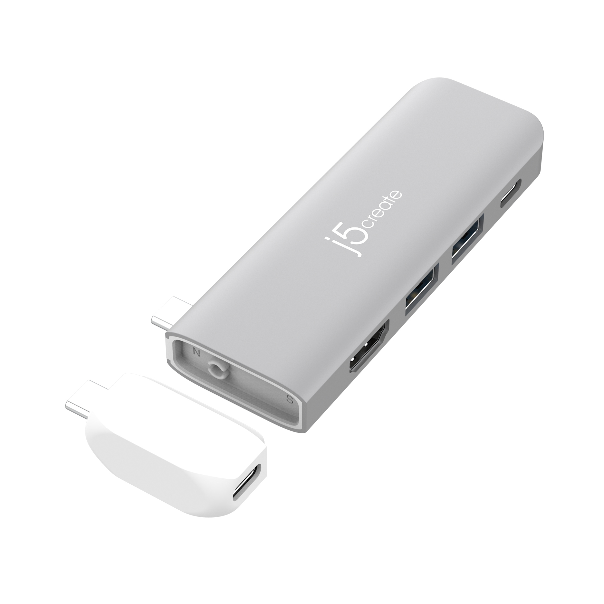 Un hub USB argento con più porte e un connettore bianco staccato. Marchio j5create.