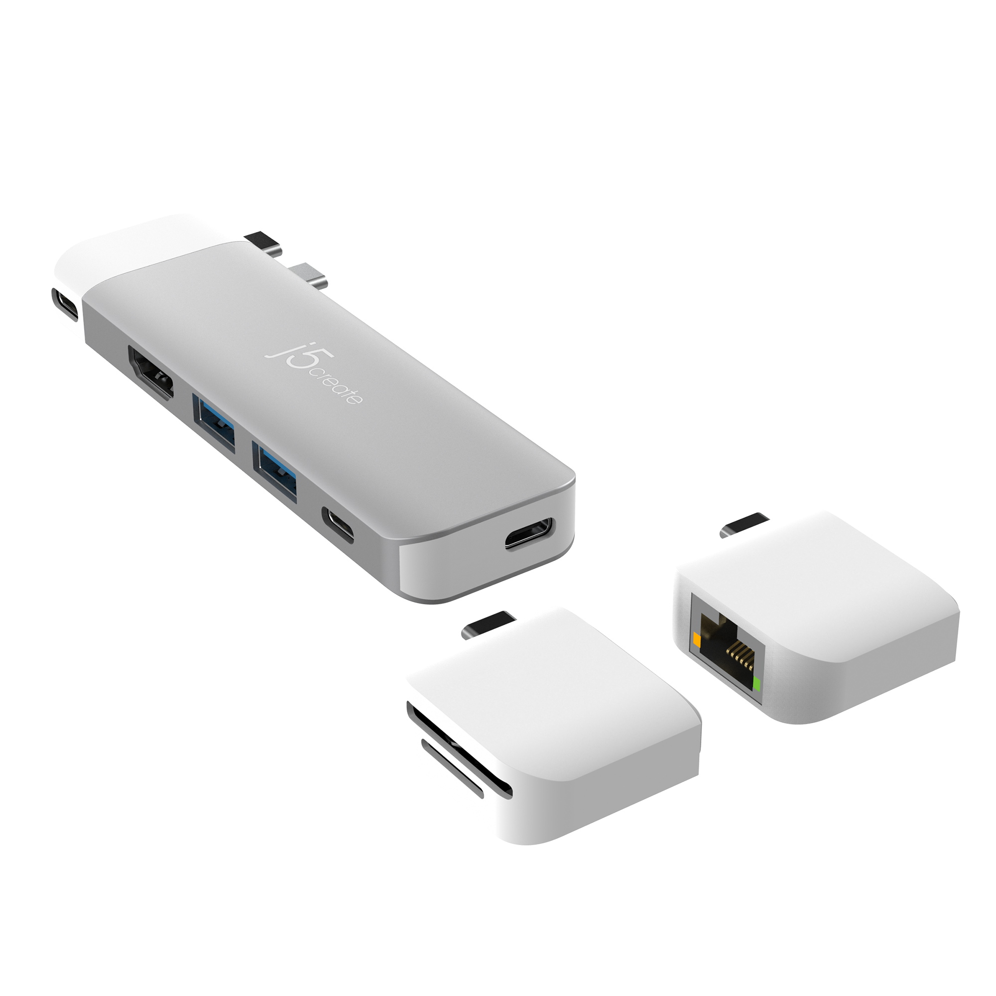 Un hub multi-porta grigio con porte USB, una porta USB-C e un lettore di schede.